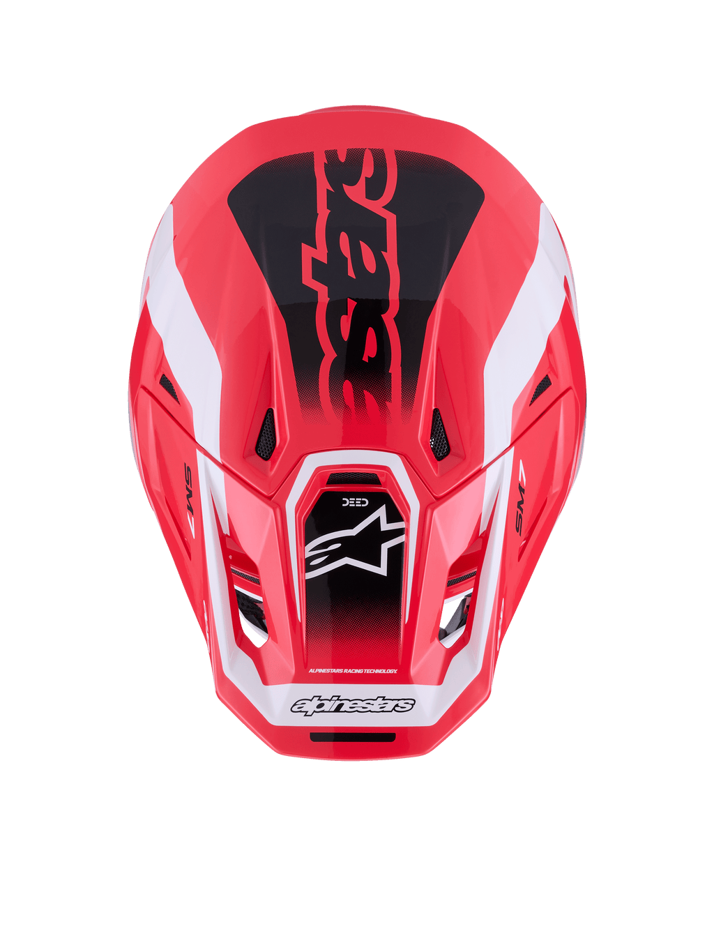 Alpinestars Casco S-M7 Deed, casco da motocross, rosso, nero e bianco lucido, vista dall'alto che mostra la calotta aerodinamica in composito e le prese di ventilazione, con logo Astars e branding evidente, attrezzatura professionale per gare fuoristrada