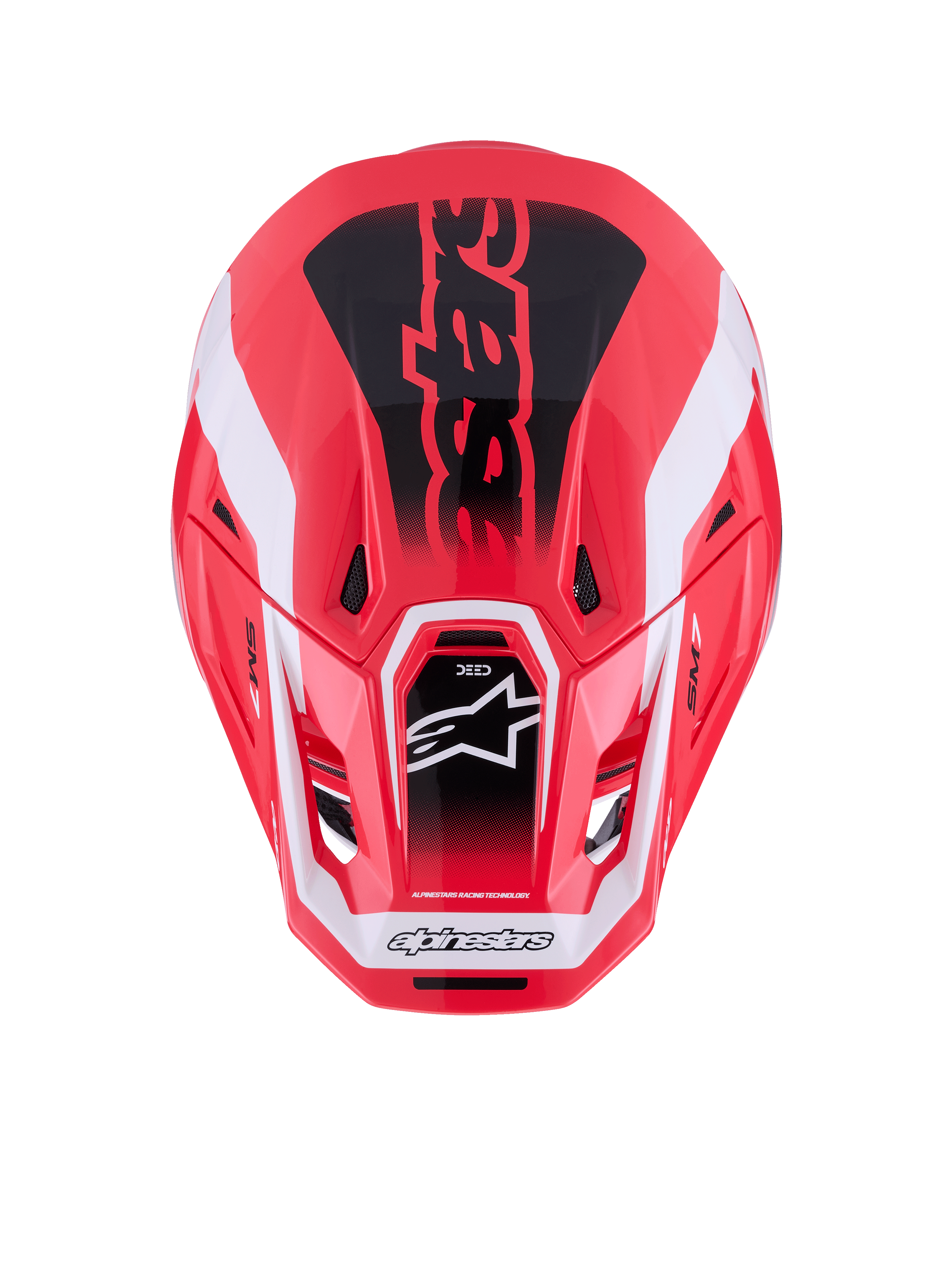Alpinestars Casco S-M7 Deed, casco da motocross, rosso, nero e bianco lucido, vista dall'alto che mostra la calotta aerodinamica in composito e le prese di ventilazione, con logo Astars e branding evidente, attrezzatura professionale per gare fuoristrada
