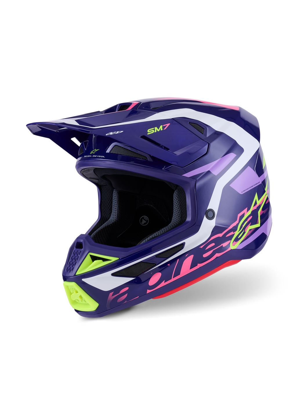 Casco Alpinestars S-M7 Deed, casco da motocross, viola e rosa lucido, base viola scuro con accenti giallo neon, rosa e bianchi, design aerodinamico con prese d'aria integrate e visiera prominente, protezione per la testa ad alte prestazioni per il fuoristrada