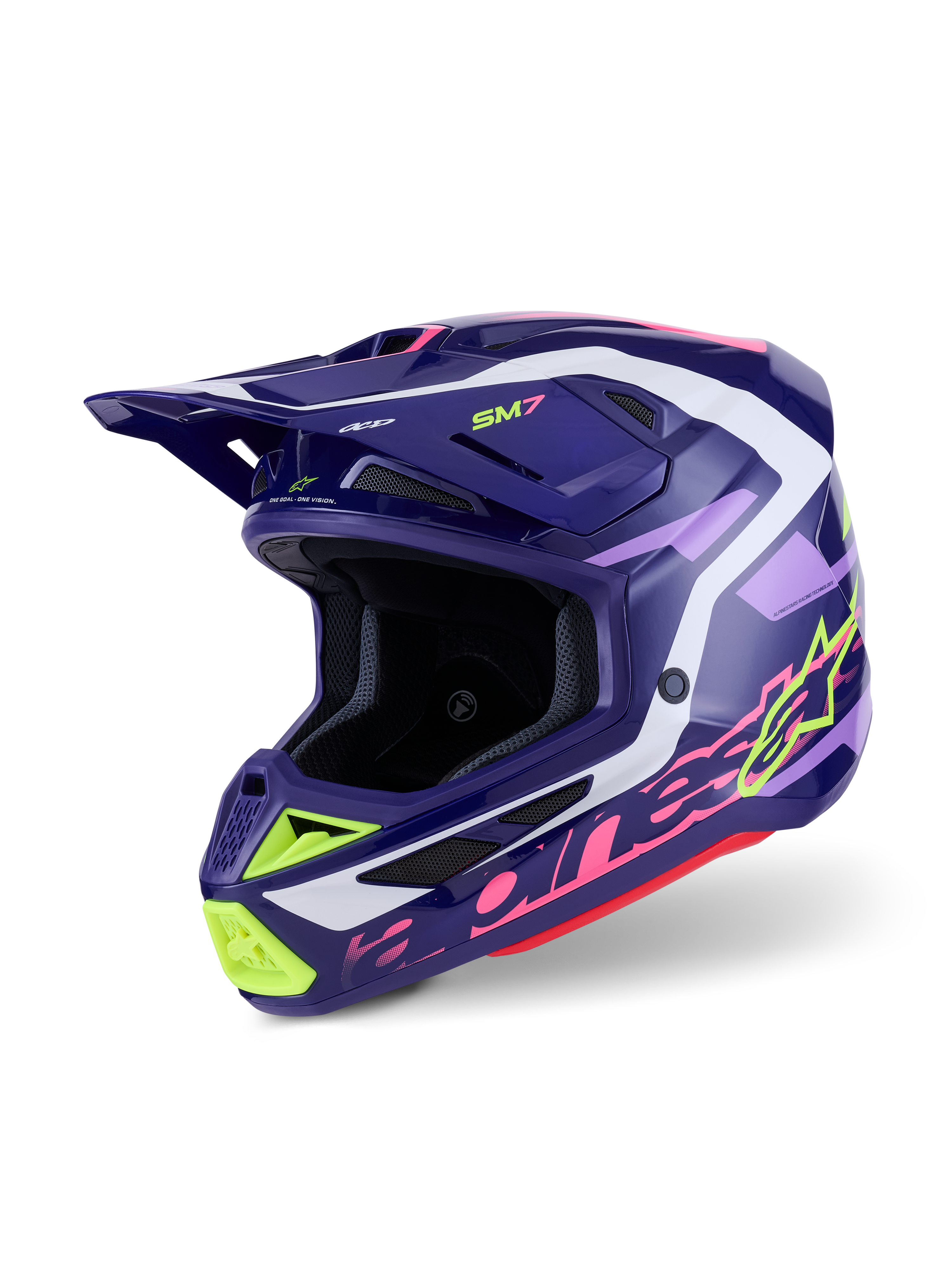 Casco Alpinestars S-M7 Deed, casco da motocross, viola e rosa lucido, base viola scuro con accenti giallo neon, rosa e bianchi, design aerodinamico con prese d'aria integrate e visiera prominente, protezione per la testa ad alte prestazioni per il fuoristrada