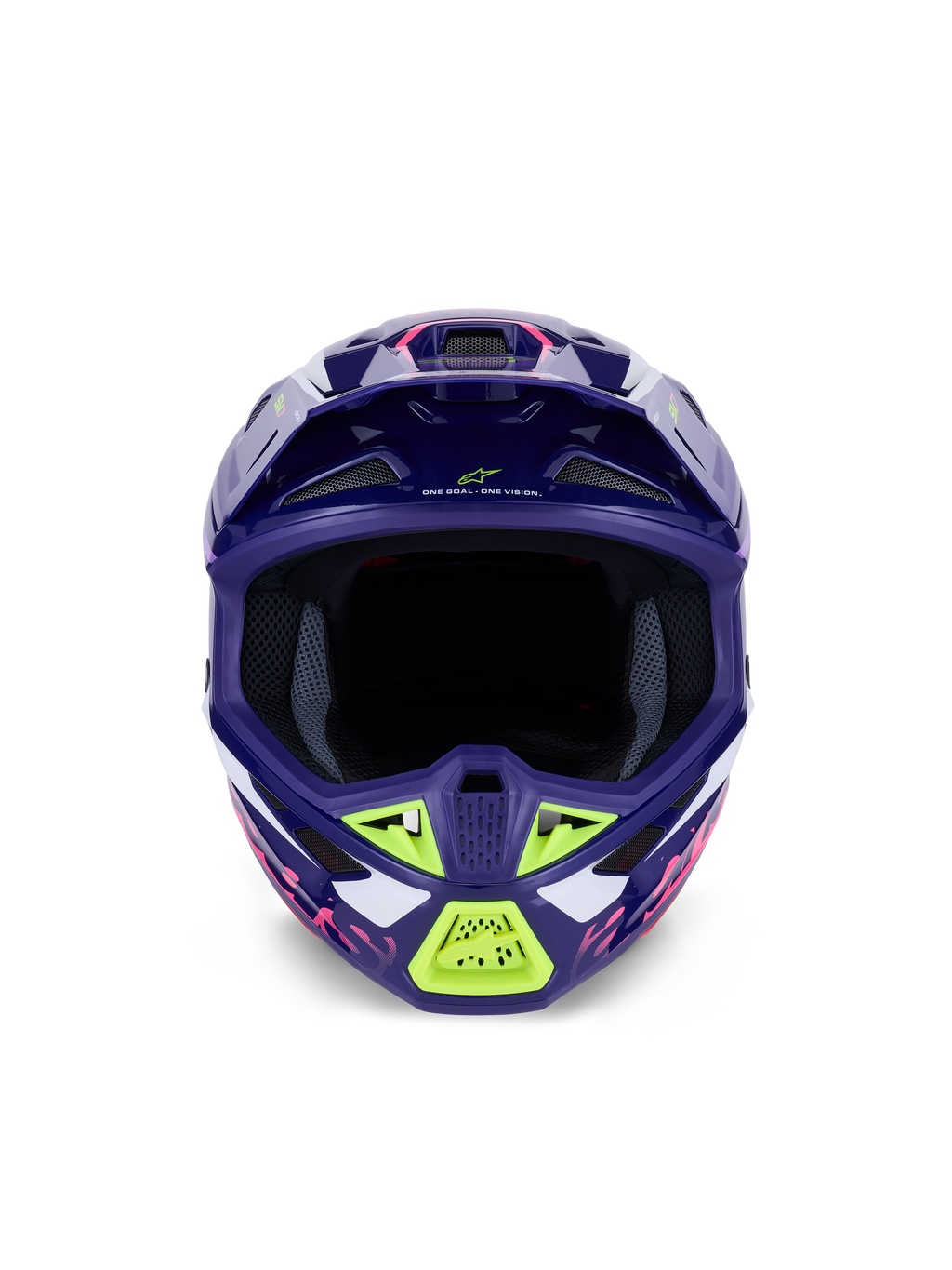 Casco Alpinestars S-M7 Deed ECE 22.06, casco da motocross, viola rosa lucido con accenti verde lime e bianchi, vista frontale con ampia apertura per la maschera e sistema di ventilazione, design aerodinamico in materiale composito per gare off-road