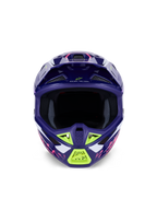Casco Alpinestars S-M7 Deed ECE 22.06, casco da motocross, viola rosa lucido con accenti verde lime e bianchi, vista frontale con ampia apertura per la maschera e sistema di ventilazione, design aerodinamico in materiale composito per gare off-road