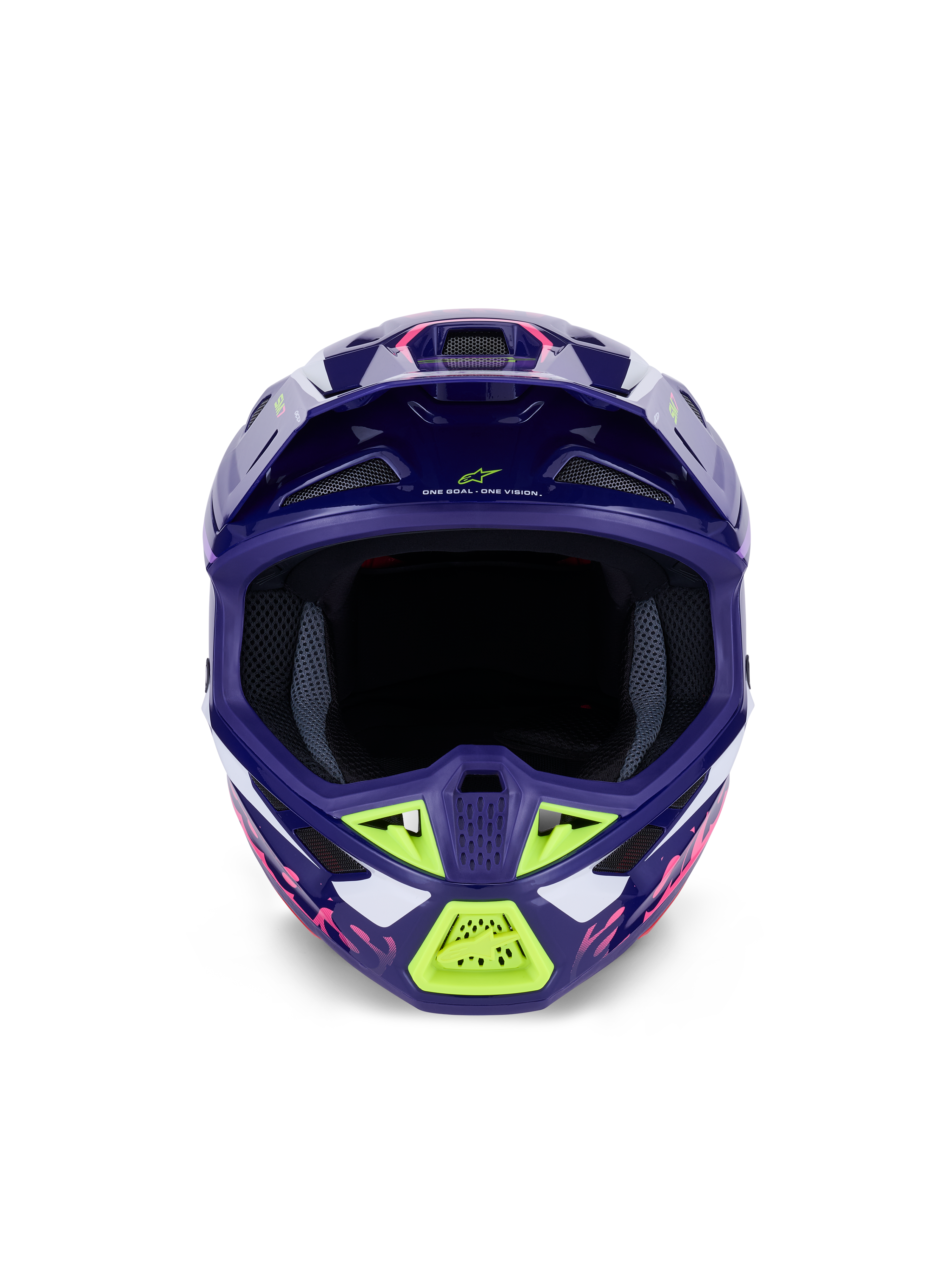 Casco Alpinestars S-M7 Deed ECE 22.06, casco da motocross, viola rosa lucido con accenti verde lime e bianchi, vista frontale con ampia apertura per la maschera e sistema di ventilazione, design aerodinamico in materiale composito per gare off-road