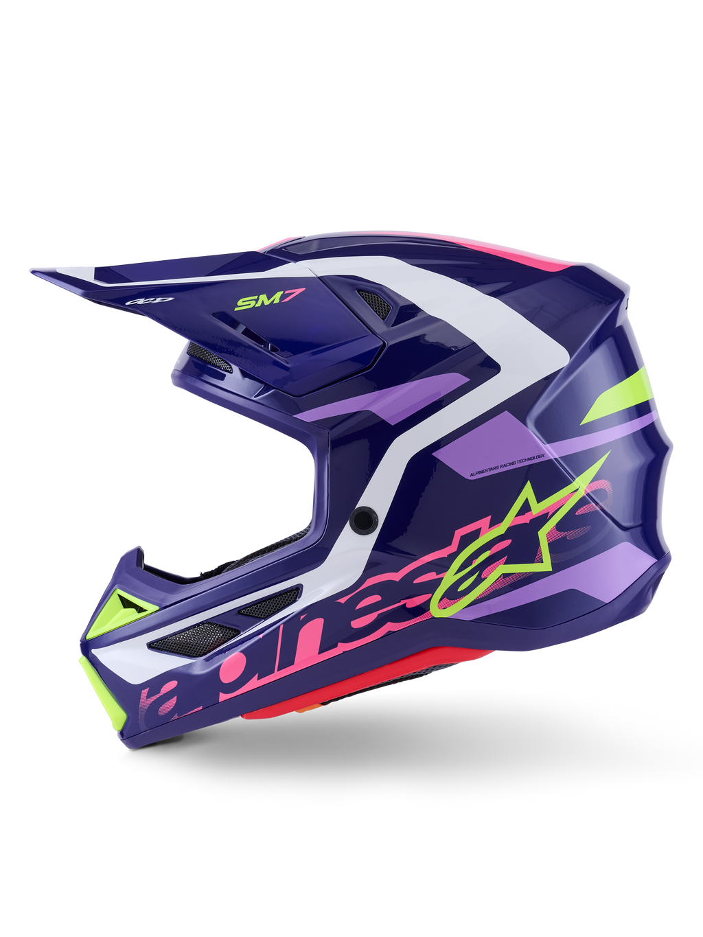 Casco da motocross Alpinestars S-M7 Deed, viola e rosa lucido, vista laterale di profilo, con logo Alpinestars verde lime e rosa, calotta aerodinamica con accenti bianchi e viola chiaro, finitura lucida, progettato per gare fuoristrada