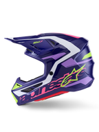 Casco da motocross Alpinestars S-M7 Deed, viola e rosa lucido, vista laterale di profilo, con logo Alpinestars verde lime e rosa, calotta aerodinamica con accenti bianchi e viola chiaro, finitura lucida, progettato per gare fuoristrada