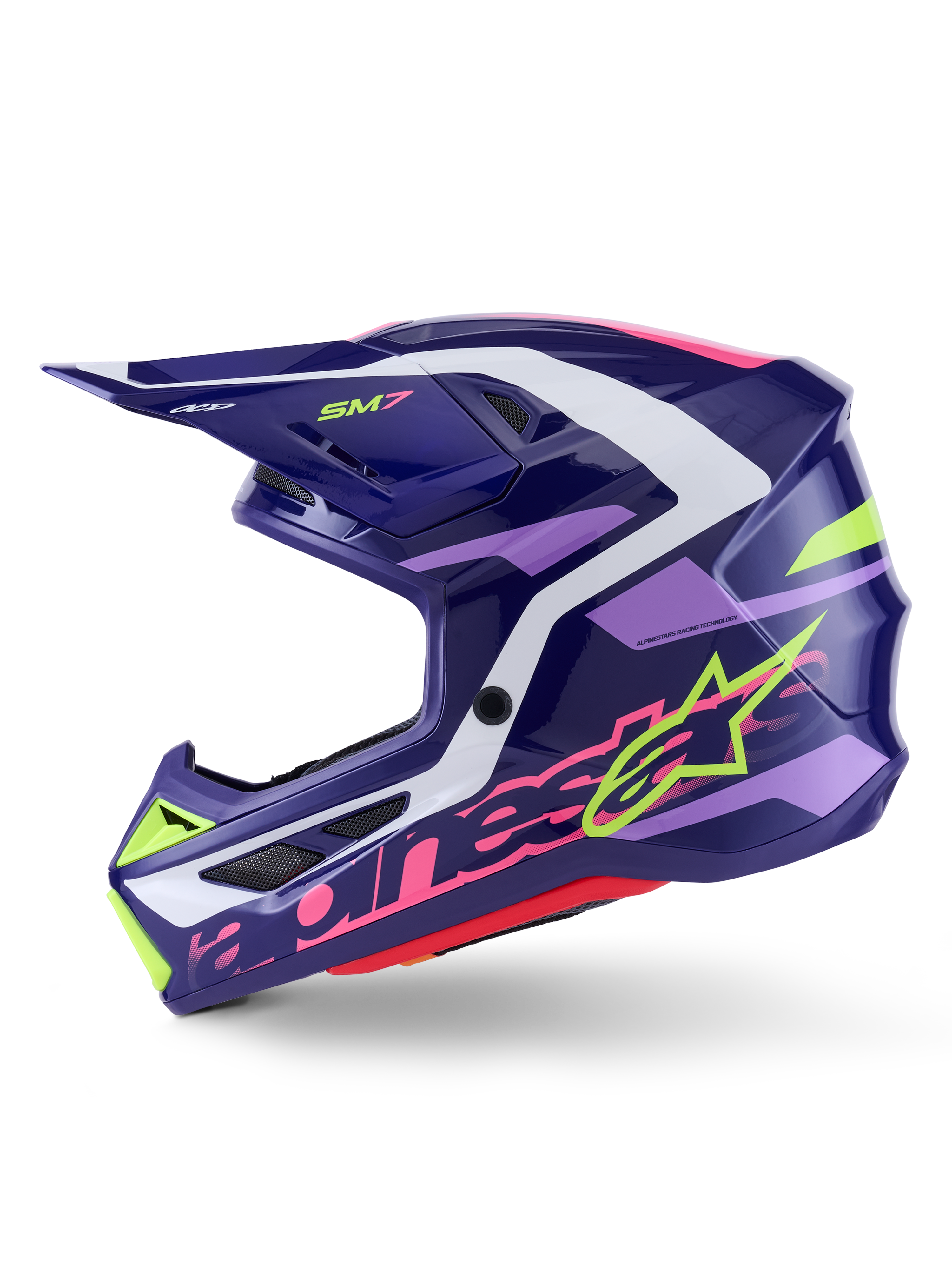 Casco da motocross Alpinestars S-M7 Deed, viola e rosa lucido, vista laterale di profilo, con logo Alpinestars verde lime e rosa, calotta aerodinamica con accenti bianchi e viola chiaro, finitura lucida, progettato per gare fuoristrada