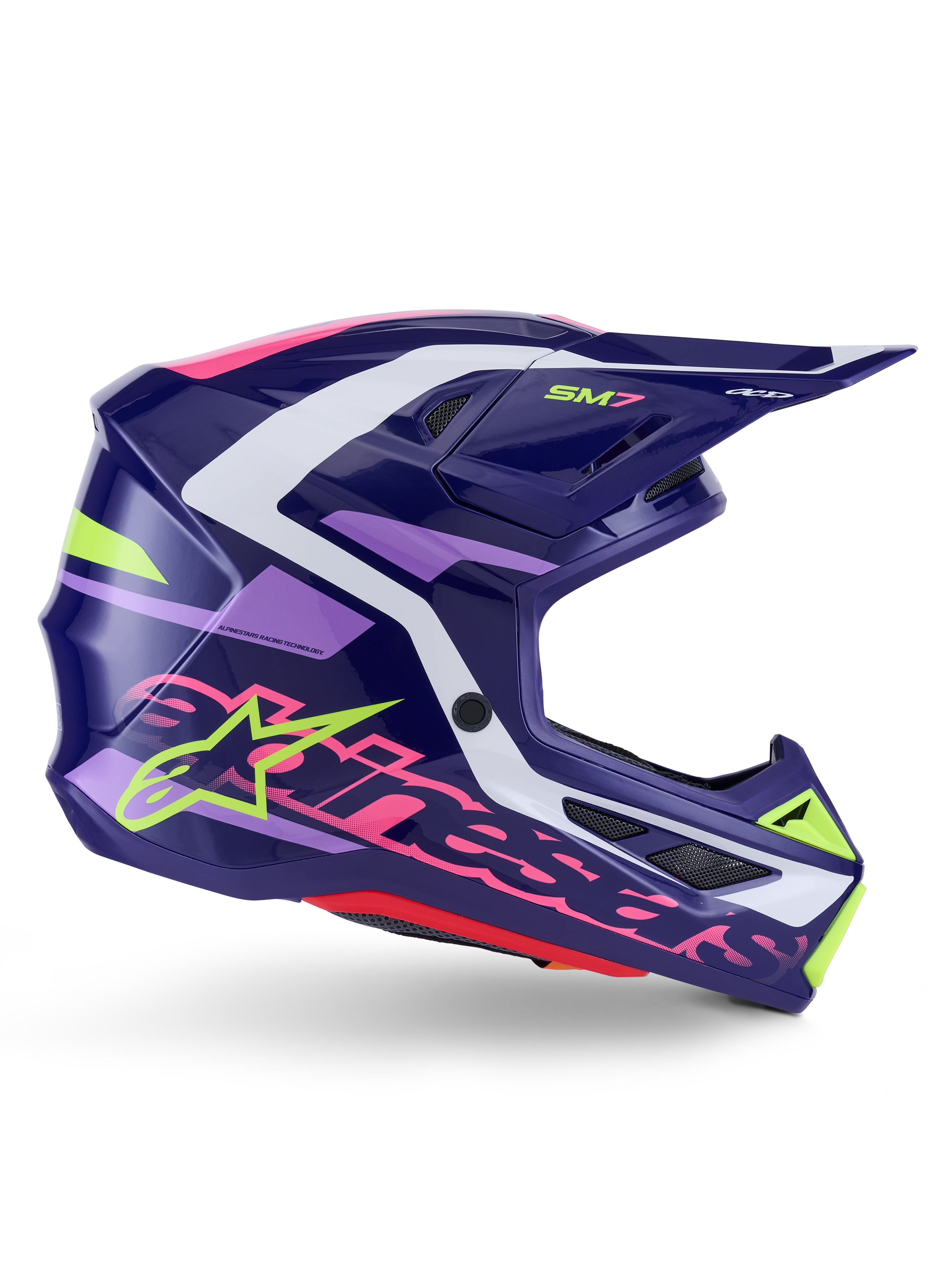 Casco Alpinestars S-M7 Deed, casco da motocross, viola e rosa lucido, vista laterale, con accenti grafici bianchi e verde lime, branding SM7 e logo Alpinestars, design della calotta aerodinamica in materiale composito per corse fuoristrada