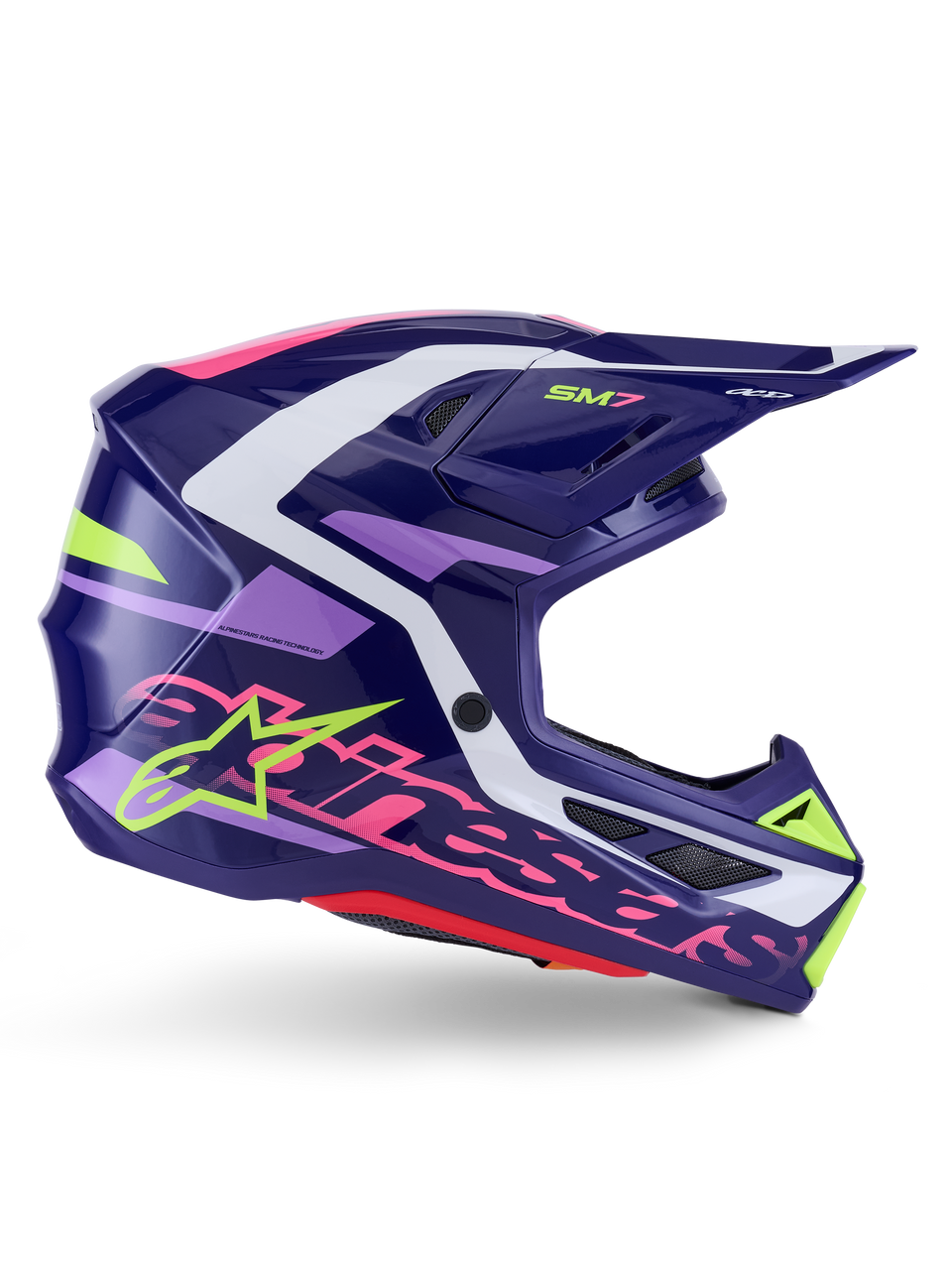 Casco Alpinestars S-M7 Deed, casco da motocross, viola e rosa lucido, vista laterale, con accenti grafici bianchi e verde lime, branding SM7 e logo Alpinestars, design della calotta aerodinamica in materiale composito per corse fuoristrada