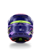 Alpinestars S-M7 Deed Helmet ECE 22.06, casco da motocross, vista posteriore in viola e rosa lucido, con grafiche giallo neon e rosa, calotta aerodinamica in composito con branding SM7 e marchi di certificazione, equipaggiamento da gara off-road ad alte prestazioni