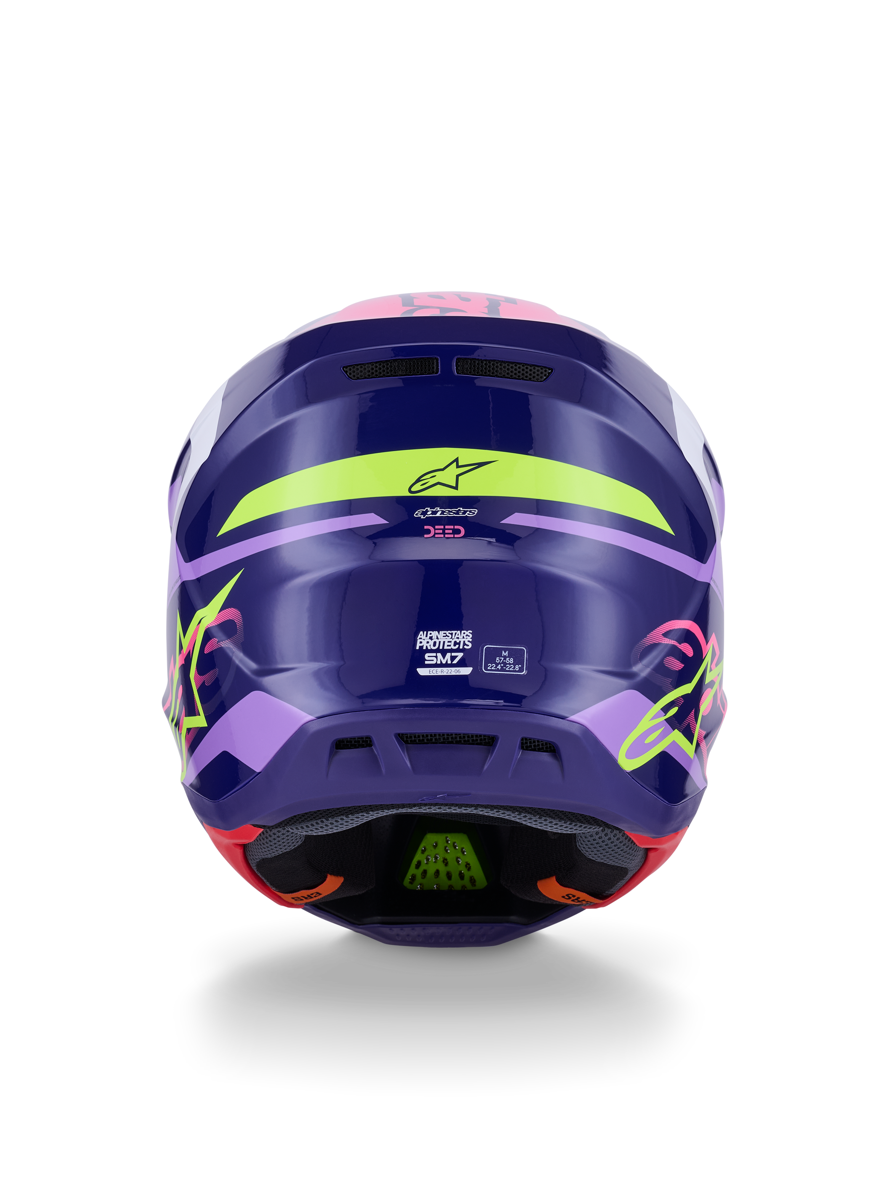 Alpinestars S-M7 Deed Helmet ECE 22.06, casco da motocross, vista posteriore in viola e rosa lucido, con grafiche giallo neon e rosa, calotta aerodinamica in composito con branding SM7 e marchi di certificazione, equipaggiamento da gara off-road ad alte prestazioni