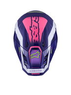 Alpinestars S-M7 Deed Helmet, vista dall'alto, Purple Pink Glossy, vivace marchio rosa sulla parte superiore, accenti bianchi, loghi verde lime, prese d'aria, finitura lucida, protezione da motocross ad alte prestazioni