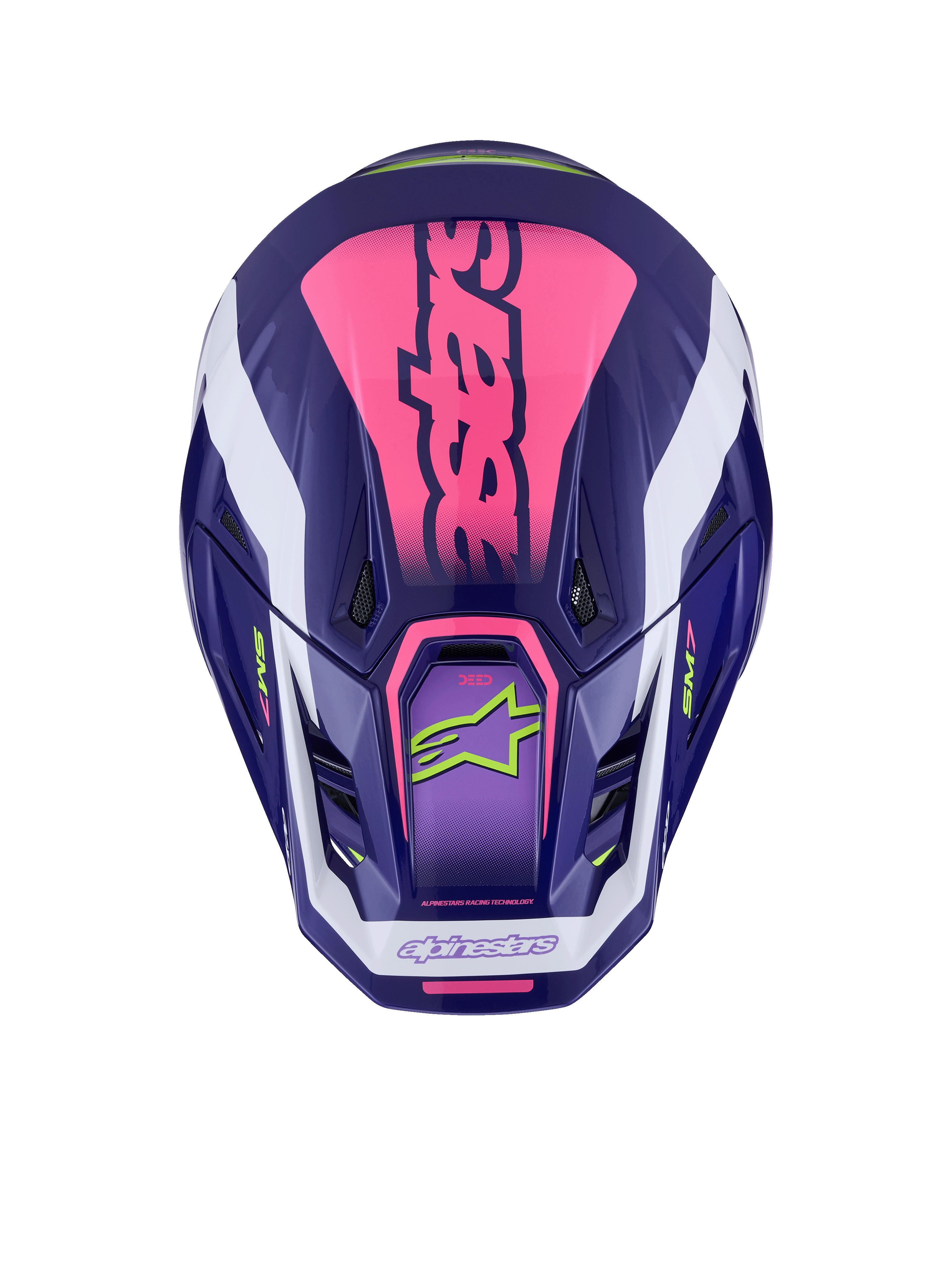Alpinestars S-M7 Deed Helmet, vista dall'alto, Purple Pink Glossy, vivace marchio rosa sulla parte superiore, accenti bianchi, loghi verde lime, prese d'aria, finitura lucida, protezione da motocross ad alte prestazioni