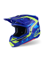 Casco Alpinestars S-M7 Deed, casco da motocross, blu e giallo fluo lucido, design aerodinamico con molteplici prese d'aria, caratterizzato dai loghi Alpinestars e SM7, protezione professionale per gare off-road