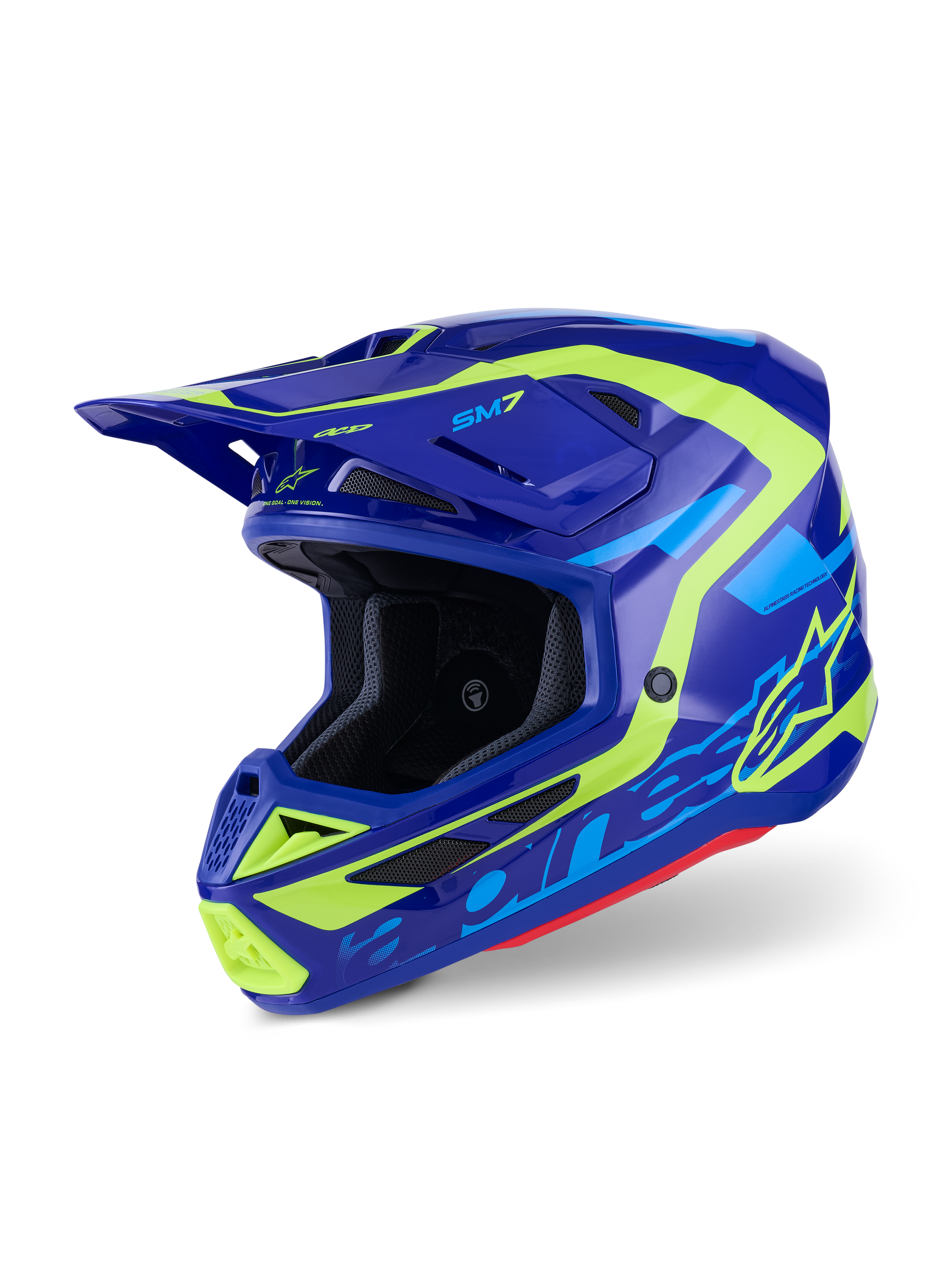 Casco Alpinestars S-M7 Deed, casco da motocross, blu e giallo fluo lucido, design aerodinamico con molteplici prese d'aria, caratterizzato dai loghi Alpinestars e SM7, protezione professionale per gare off-road