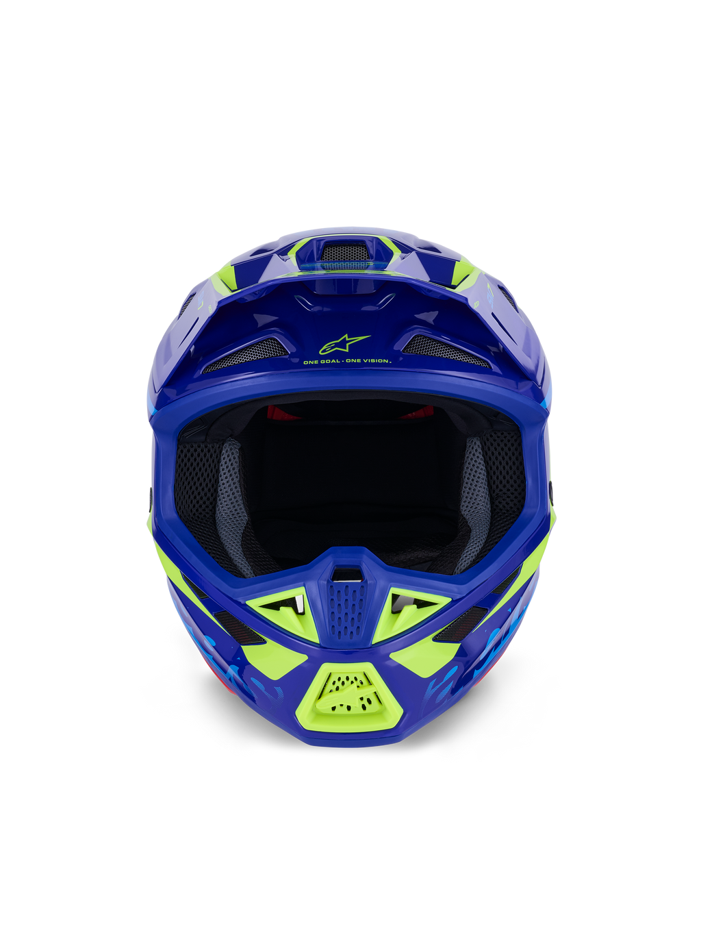 Casco Alpinestars S-M7 Deed, casco da motocross, Blu Giallo Fluo Lucido, vista frontale che mette in risalto l'ampia apertura per la maschera e le diverse prese d'aria protette da rete, calotta aerodinamica con accenti giallo neon e marchio Alpinestars, protezione professionale per la testa per gare off-road