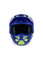 Casco Alpinestars S-M7 Deed, casco da motocross, Blu Giallo Fluo Lucido, vista frontale che mette in risalto l'ampia apertura per la maschera e le diverse prese d'aria protette da rete, calotta aerodinamica con accenti giallo neon e marchio Alpinestars, protezione professionale per la testa per gare off-road