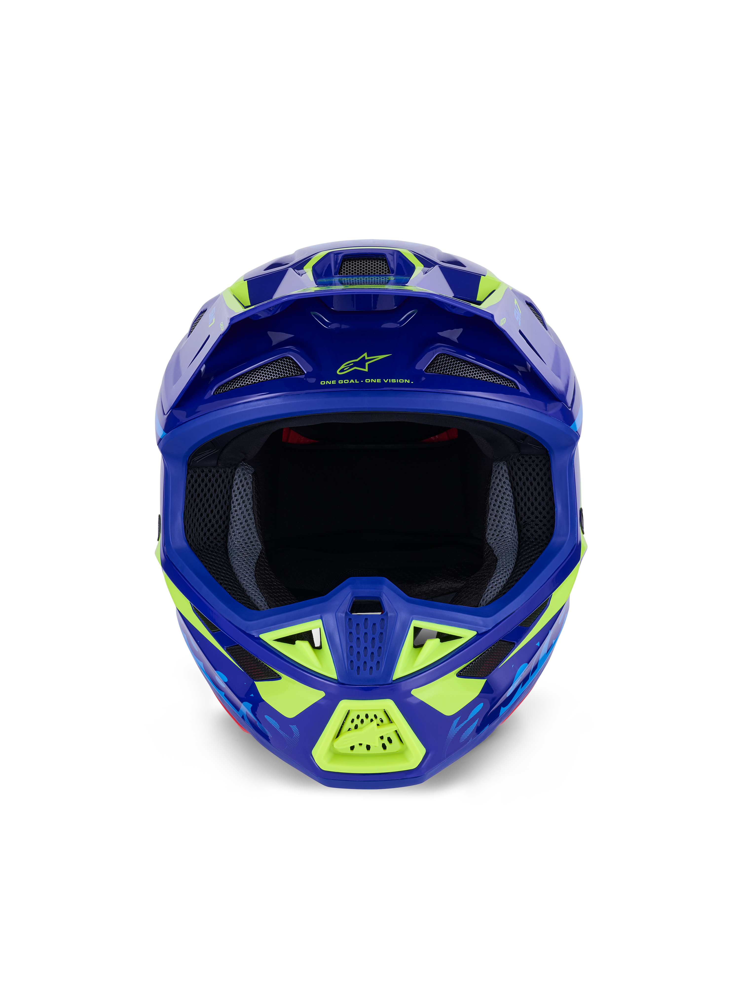 Casco Alpinestars S-M7 Deed, casco da motocross, Blu Giallo Fluo Lucido, vista frontale che mette in risalto l'ampia apertura per la maschera e le diverse prese d'aria protette da rete, calotta aerodinamica con accenti giallo neon e marchio Alpinestars, protezione professionale per la testa per gare off-road