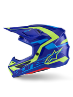 Casco Alpinestars S-M7 Deed, casco da motocross, blu e giallo fluo lucido, vista laterale, calotta aerodinamica in composito con vivaci grafiche gialle e azzurre, dotato di prese d'aria con rete e visiera per prestazioni off-road