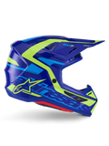 Alpinestars S-M7 Deed Helmet ECE 22.06, casco da motocross, blu e giallo fluo lucido, vista laterale con calotta aerodinamica e logo Alpinestars in evidenza, accenti grafici giallo brillante e azzurro, diverse porte di ventilazione e visiera integrata per gare fuoristrada d'élite