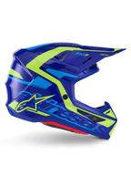 Alpinestars S-M7 Deed Helmet ECE 22.06, casco da motocross, blu e giallo fluo lucido, vista laterale con calotta aerodinamica e logo Alpinestars in evidenza, accenti grafici giallo brillante e azzurro, diverse porte di ventilazione e visiera integrata per gare fuoristrada d'élite