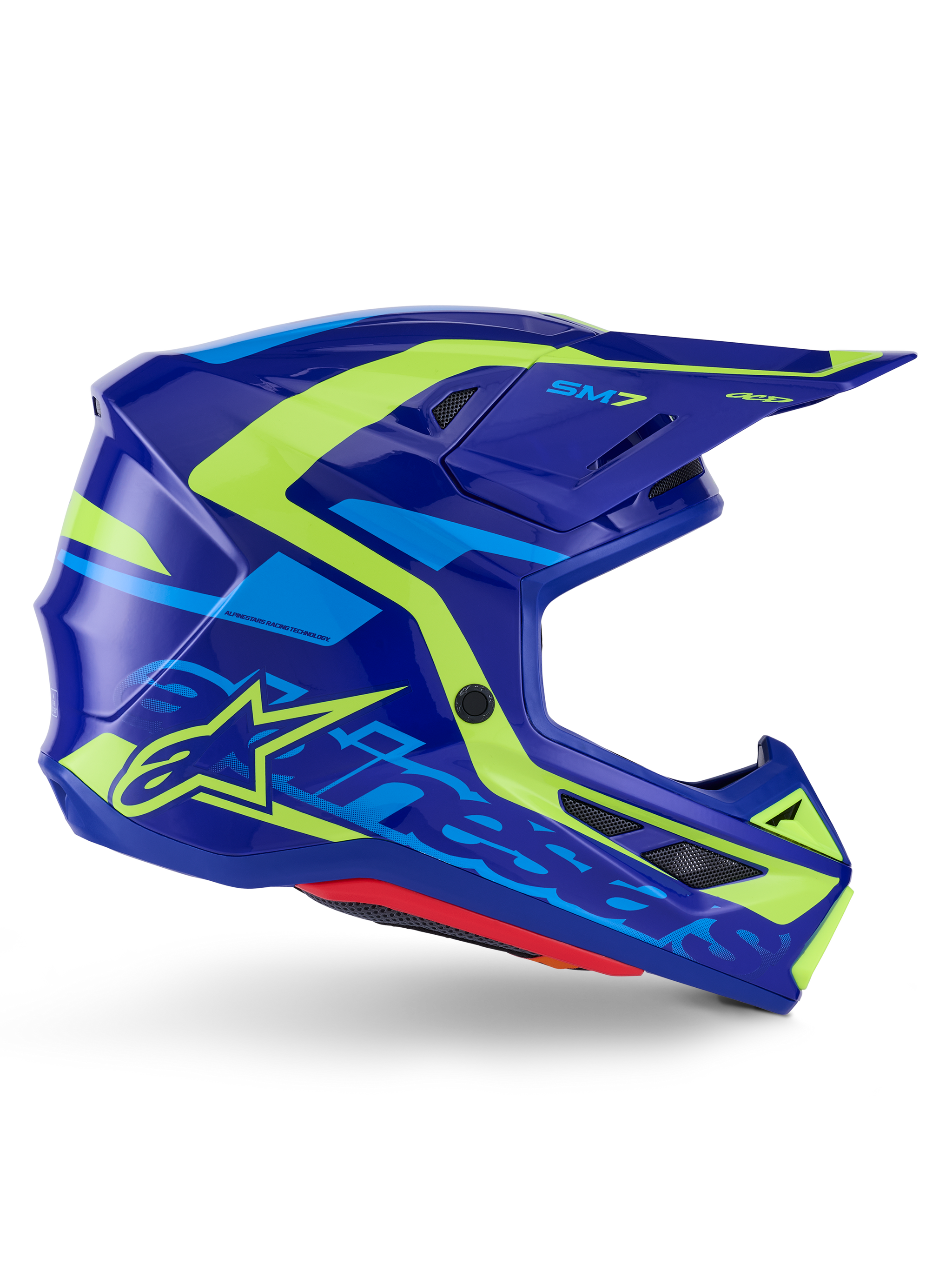 Alpinestars S-M7 Deed Helmet ECE 22.06, casco da motocross, blu e giallo fluo lucido, vista laterale con calotta aerodinamica e logo Alpinestars in evidenza, accenti grafici giallo brillante e azzurro, diverse porte di ventilazione e visiera integrata per gare fuoristrada d'élite