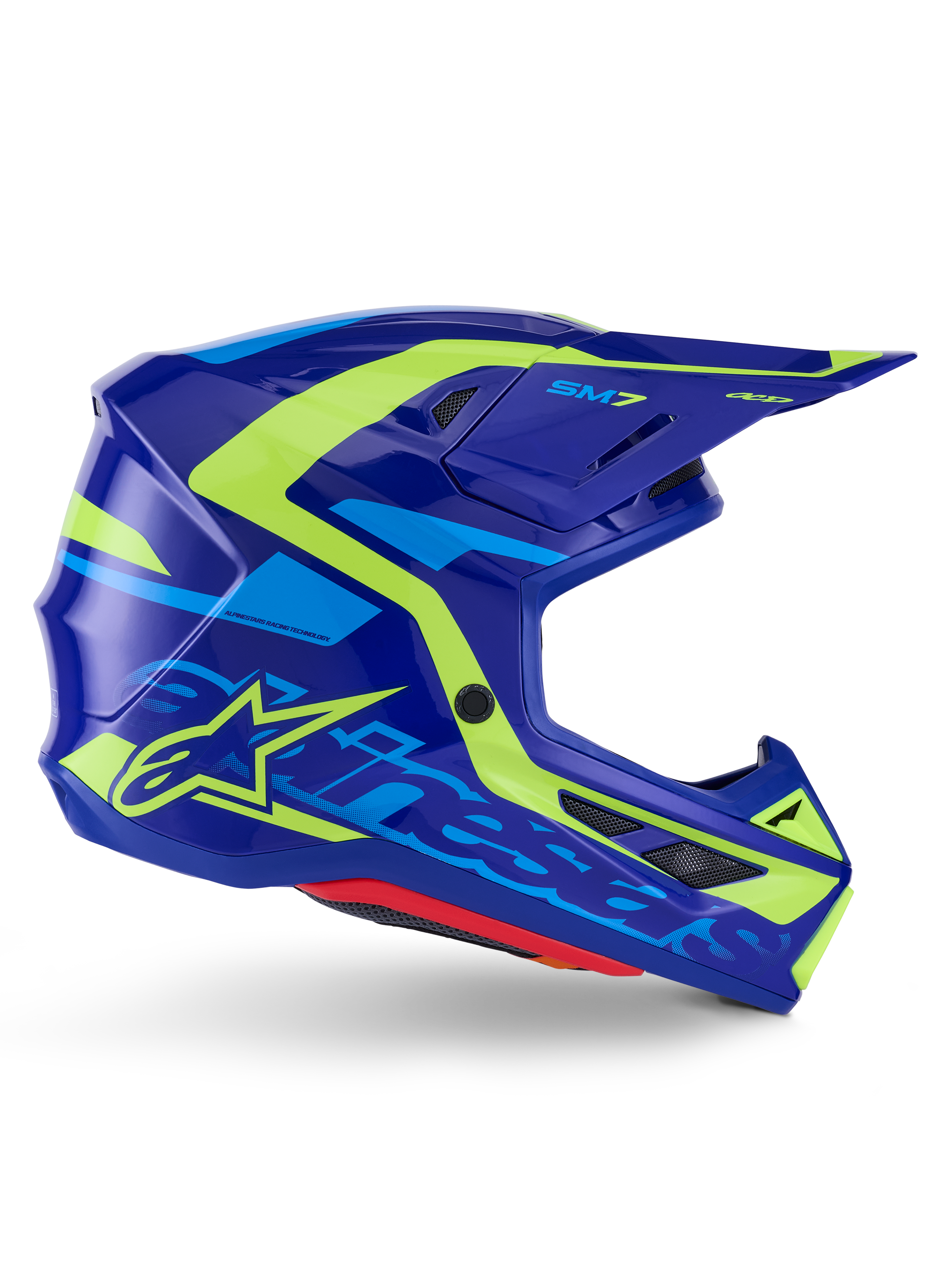 Alpinestars S-M7 Deed Helmet ECE 22.06, casco da motocross, blu e giallo fluo lucido, vista laterale con calotta aerodinamica e logo Alpinestars in evidenza, accenti grafici giallo brillante e azzurro, diverse porte di ventilazione e visiera integrata per gare fuoristrada d'élite