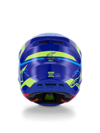 Alpinestars Casco S-M7 Deed ECE 22.06, casco da motocross, vista posteriore, blu giallo fluo lucido, con grafiche giallo fluorescente audaci e loghi a stella, prese di scarico posteriori e imbottitura interna visibile con tecnologia PLASMA verde.