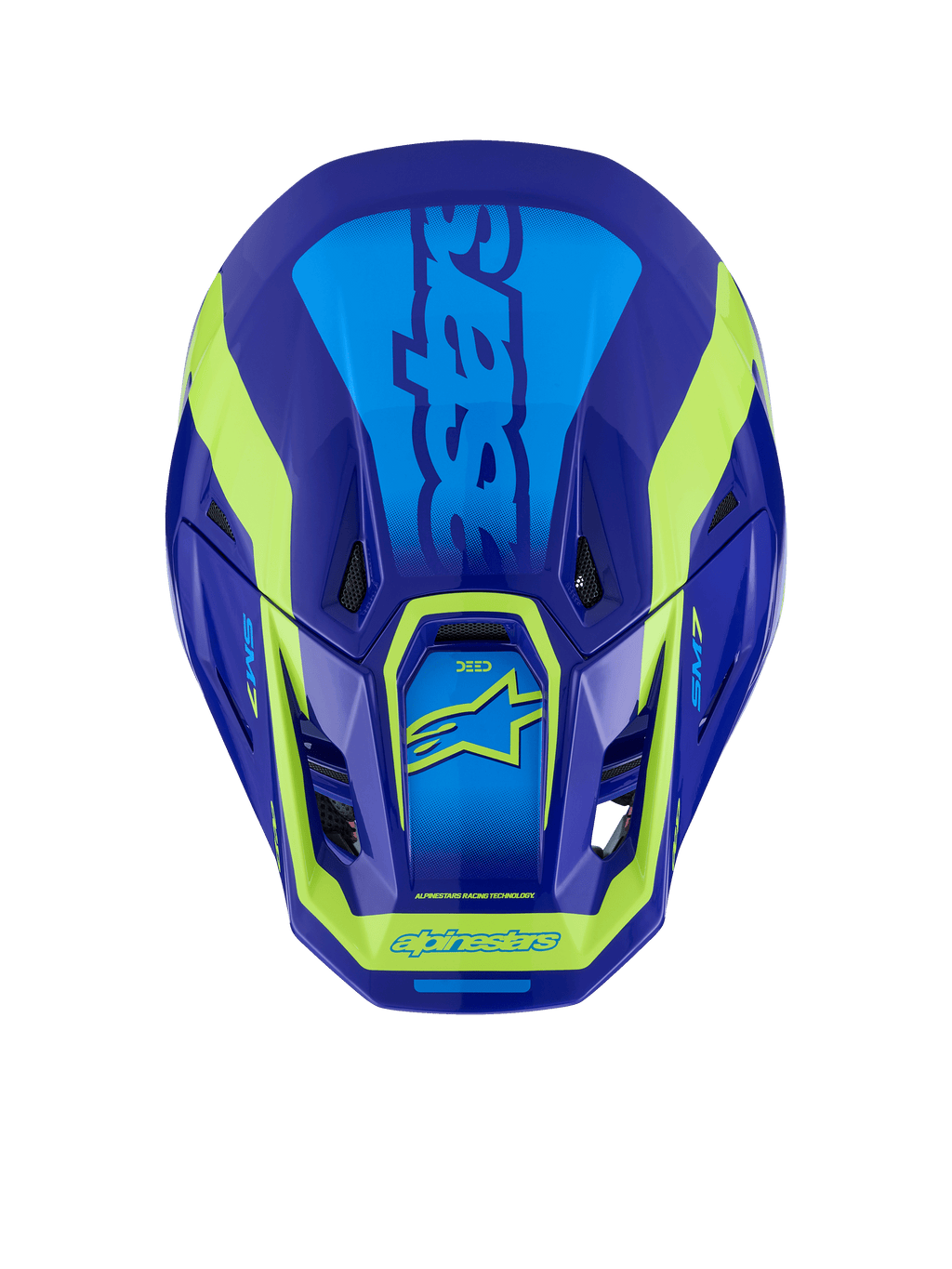Casco Alpinestars S-M7 Deed, casco da motocross, blu e giallo fluo lucido, vista dall'alto che mostra la calotta aerodinamica, le prese d'aria e il marchio giallo fluo distintivo su una finitura blu intenso.