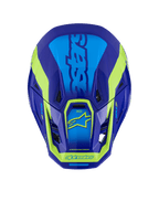 Casco Alpinestars S-M7 Deed, casco da motocross, blu e giallo fluo lucido, vista dall'alto che mostra la calotta aerodinamica, le prese d'aria e il marchio giallo fluo distintivo su una finitura blu intenso.
