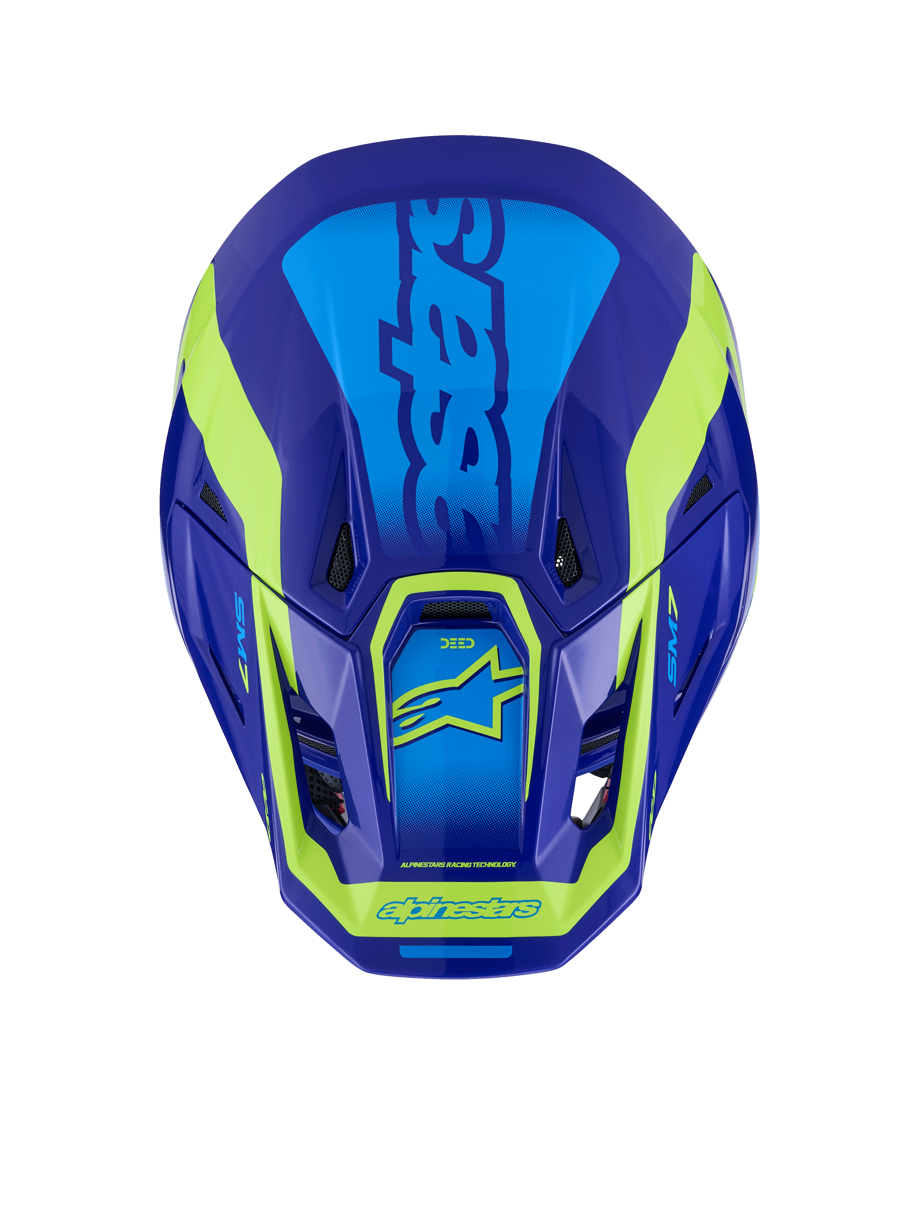 Casco Alpinestars S-M7 Deed, casco da motocross, blu e giallo fluo lucido, vista dall'alto che mostra la calotta aerodinamica, le prese d'aria e il marchio giallo fluo distintivo su una finitura blu intenso.