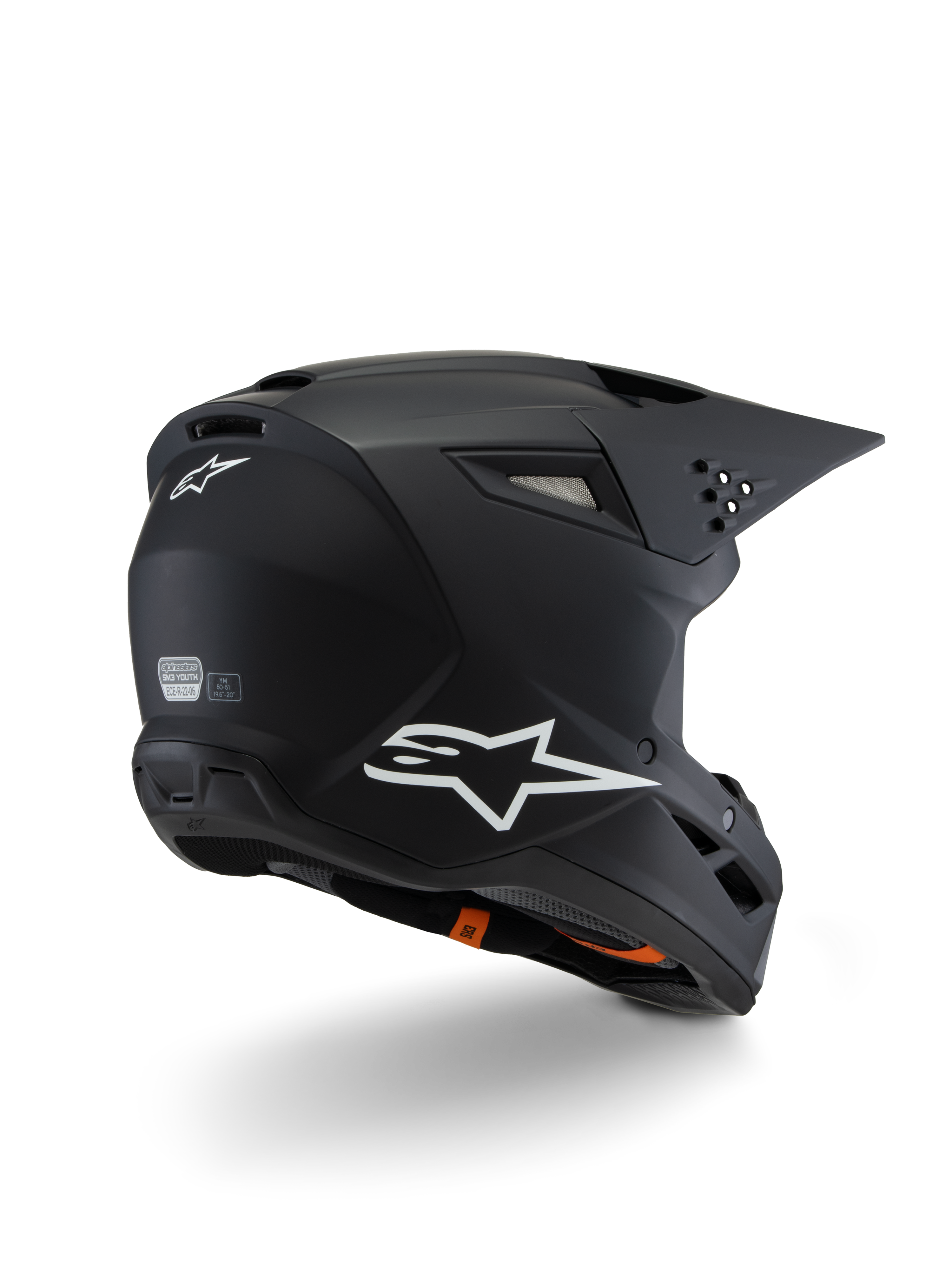 Alpinestars S-M3 Youth Solid Helmet ECE 22.06, casco da motocross, nero opaco, vista posteriore di tre quarti con loghi Alpinestars bianchi, design della calotta aerodinamico con visiera integrata e prese d'aria, protezione off-road per ragazzi