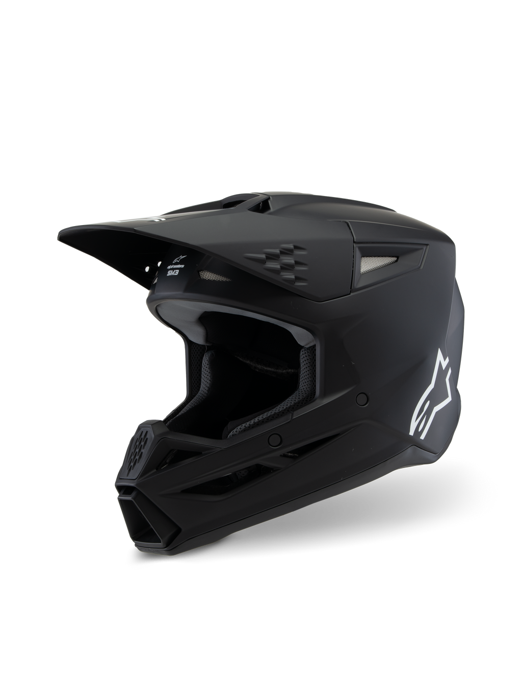 Alpinestars S-M3 Youth Solid Helmet ECE 22.06, casco da motocross, nero opaco, vista di profilo laterale con logo Alpinestars bianco, calotta aerodinamica con prese d'aria e visiera integrata, protezione professionale per la testa off-road per giovani piloti