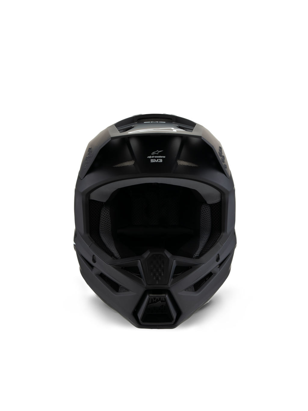 Casco Alpinestars S-M3 Youth Solid, casco da motocross, nero opaco, vista frontale, con finitura opaca, prese d'aria sulla mentoniera e sulla fronte, logo SM3 bianco, design aerodinamico per corse fuoristrada