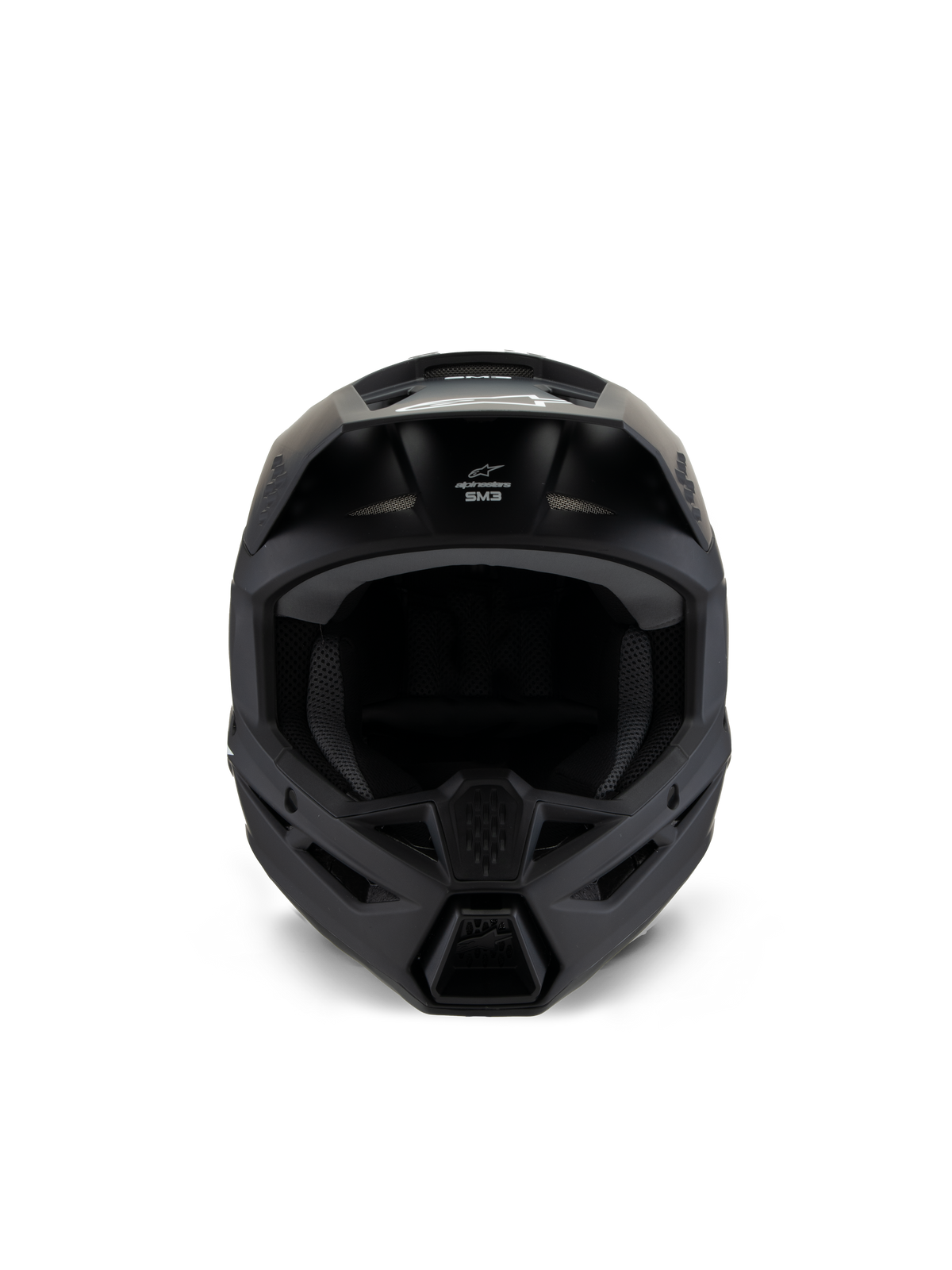 Casco Alpinestars S-M3 Youth Solid, casco da motocross, nero opaco, vista frontale, con finitura opaca, prese d'aria sulla mentoniera e sulla fronte, logo SM3 bianco, design aerodinamico per corse fuoristrada