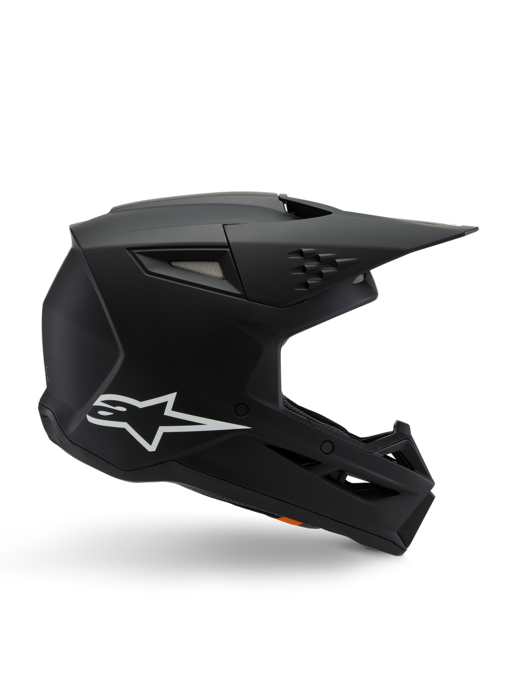 Casco Alpinestars S-M3 Youth Solid, casco da motocross, nero opaco con logo a stella bianco, vista laterale con design angolare, visiera lunga e prese d'aria integrate, certificato ECE 22.06