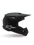 Casco Alpinestars S-M3 Youth Solid, casco da motocross, nero opaco con logo a stella bianco, vista laterale con design angolare, visiera lunga e prese d'aria integrate, certificato ECE 22.06