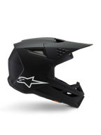 Casco Alpinestars S-M3 Youth Solid, casco da motocross, nero opaco con logo a stella bianco, vista laterale con design angolare, visiera lunga e prese d'aria integrate, certificato ECE 22.06