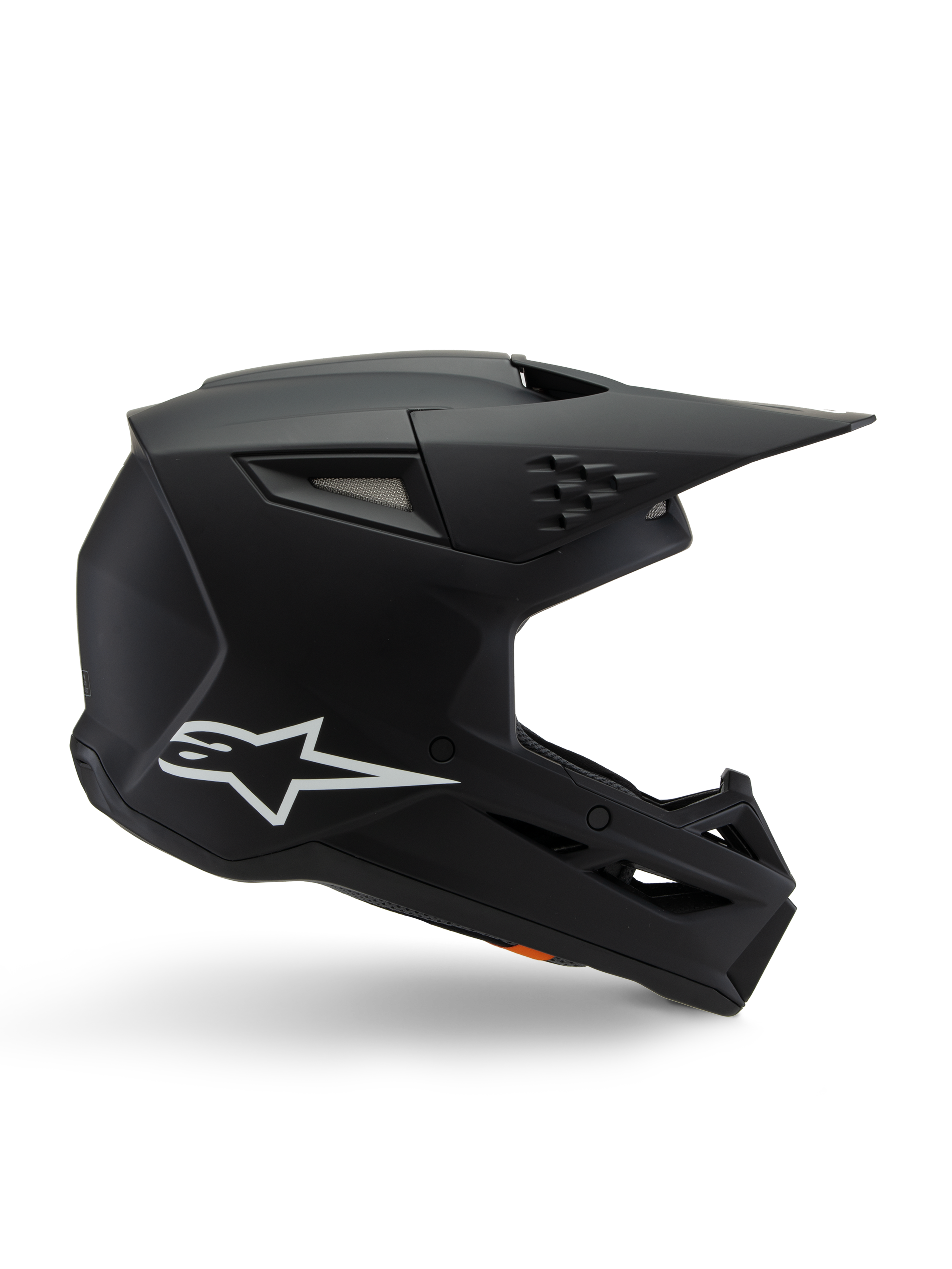 Casco Alpinestars S-M3 Youth Solid, casco da motocross, nero opaco con logo a stella bianco, vista laterale con design angolare, visiera lunga e prese d'aria integrate, certificato ECE 22.06