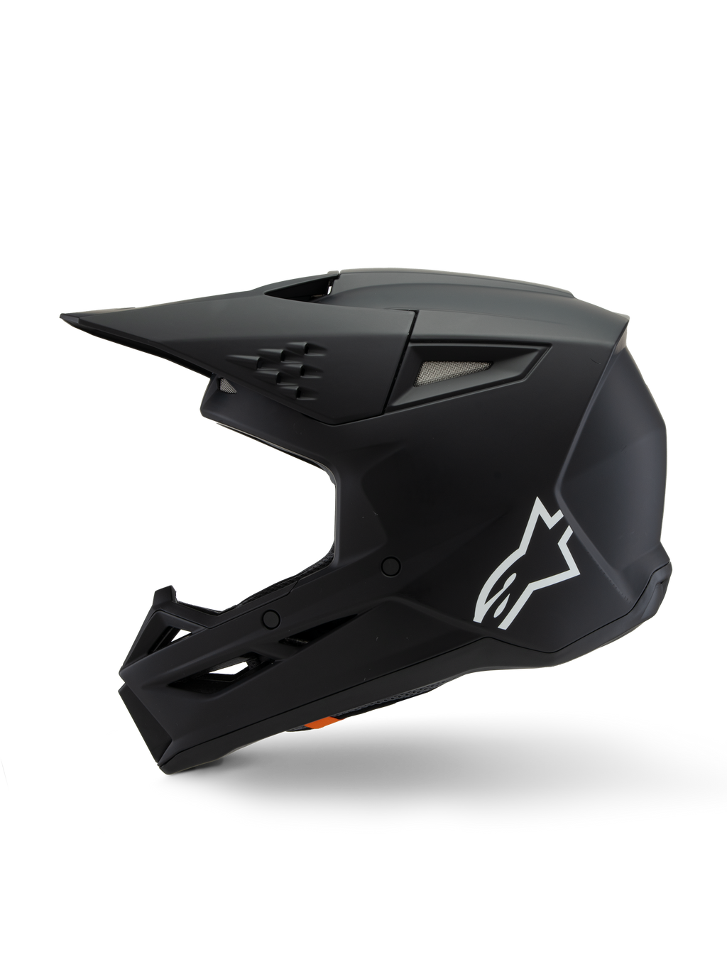 Alpinestars S-M3 Youth Solid Helmet ECE 22.06, casco da motocross, nero opaco, vista laterale con logo Alpinestars bianco, calotta aerodinamica con prese d'aria in mesh e visiera integrata, protezione per la testa per ragazzi per gare off-road