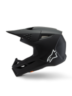 Alpinestars S-M3 Youth Solid Helmet ECE 22.06, casco da motocross, nero opaco, vista laterale con logo Alpinestars bianco, calotta aerodinamica con prese d'aria in mesh e visiera integrata, protezione per la testa per ragazzi per gare off-road
