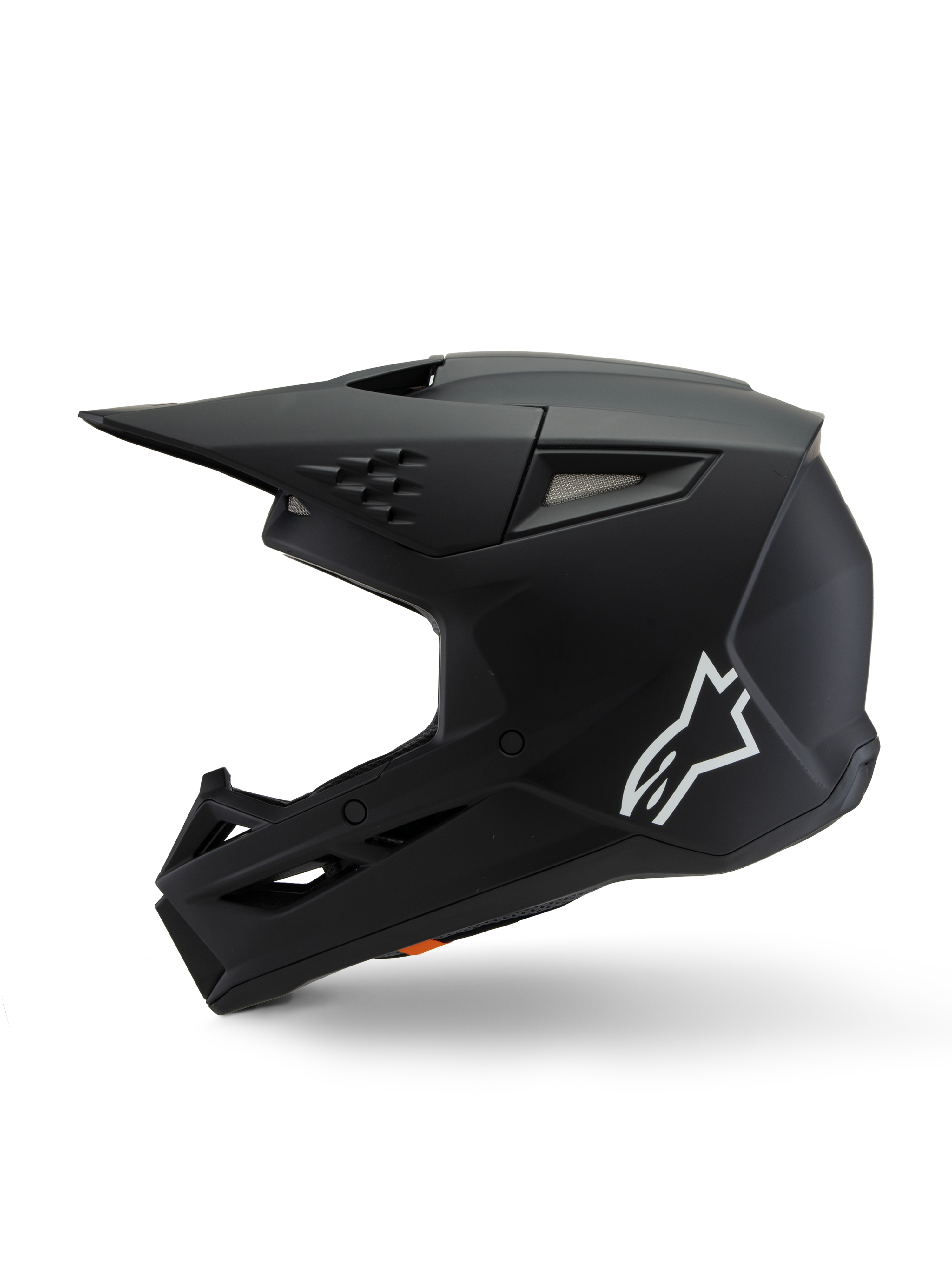 Alpinestars S-M3 Youth Solid Helmet ECE 22.06, casco da motocross, nero opaco, vista laterale con logo Alpinestars bianco, calotta aerodinamica con prese d'aria in mesh e visiera integrata, protezione per la testa per ragazzi per gare off-road