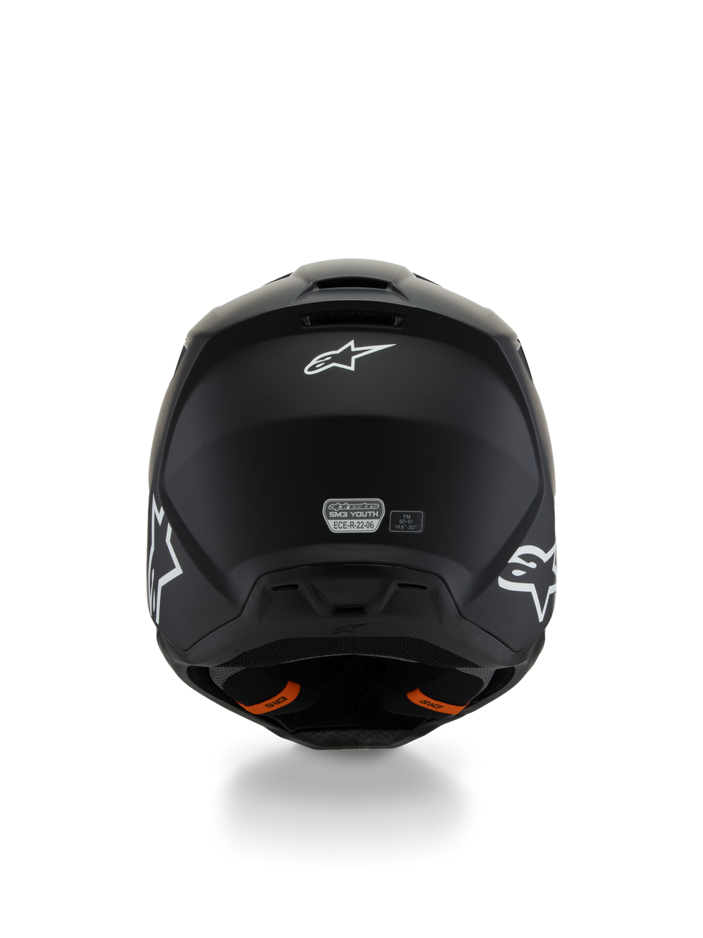 Alpinestars S-M3 Youth Solid Helmet ECE 22.06, casco da motocross, nero opaco, vista posteriore con loghi a stella bianchi e adesivo di certificazione ECE, linguette arancioni del sistema di rilascio di emergenza, calotta protettiva aerodinamica per giovani piloti