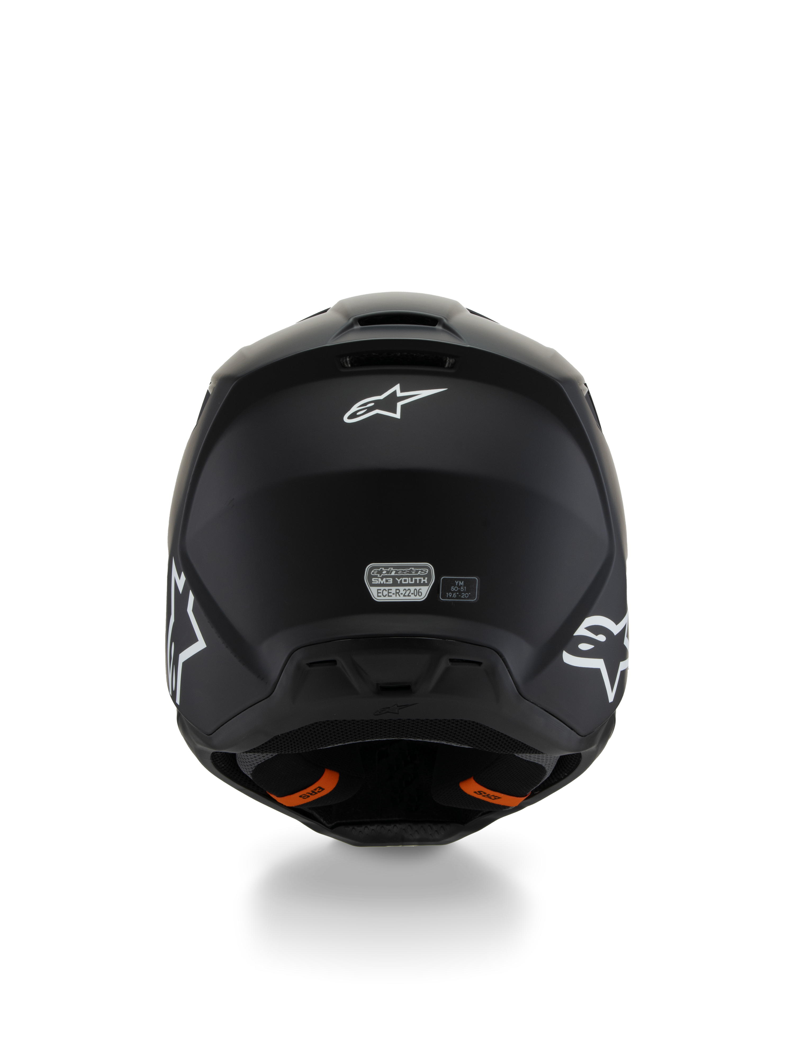 Alpinestars S-M3 Youth Solid Helmet ECE 22.06, casco da motocross, nero opaco, vista posteriore con loghi a stella bianchi e adesivo di certificazione ECE, linguette arancioni del sistema di rilascio di emergenza, calotta protettiva aerodinamica per giovani piloti