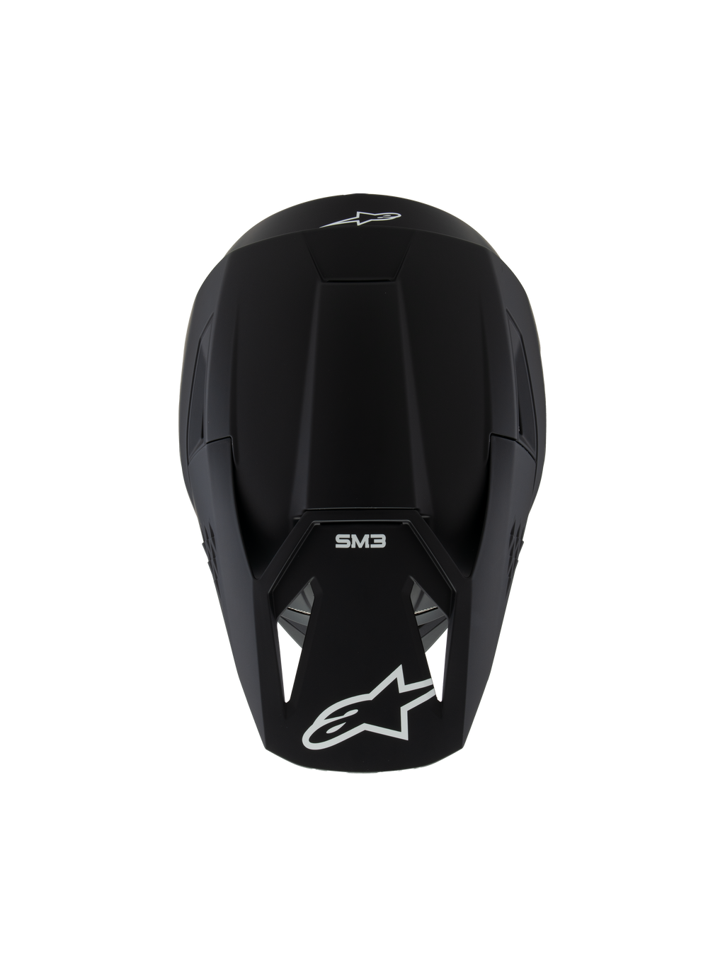 Alpinestars Casco SM3 Ragazzo Solid ECE 22.06, casco da motocross, nero opaco, vista dall'alto con loghi bianchi e marchio SM3, design aerodinamico per corse fuoristrada