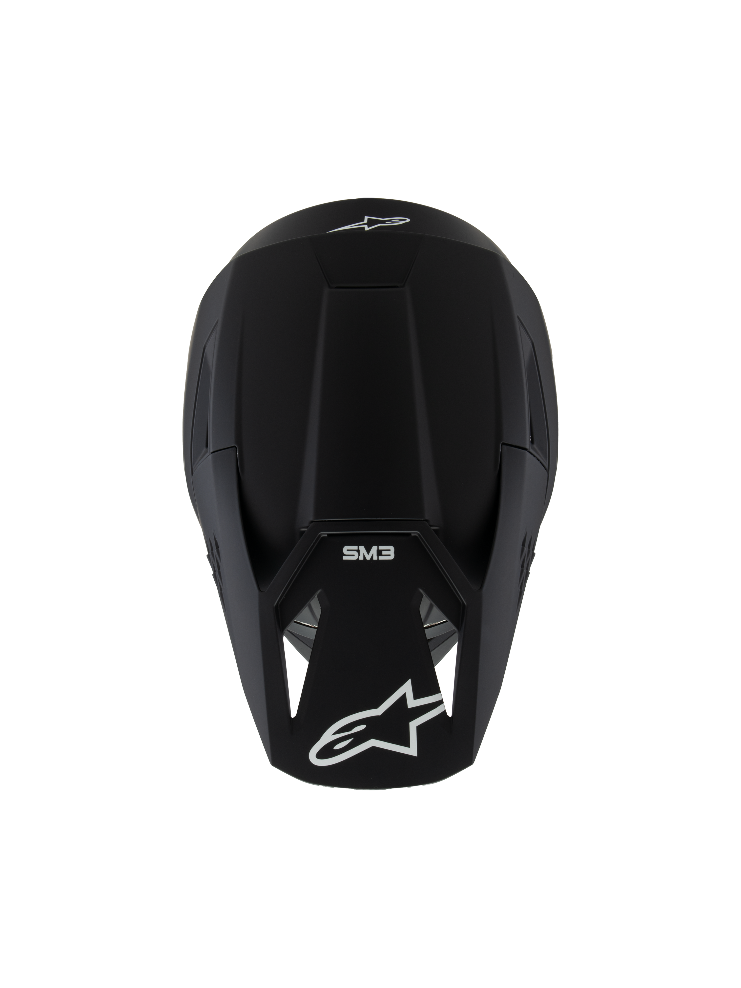 Alpinestars Casco SM3 Ragazzo Solid ECE 22.06, casco da motocross, nero opaco, vista dall'alto con loghi bianchi e marchio SM3, design aerodinamico per corse fuoristrada