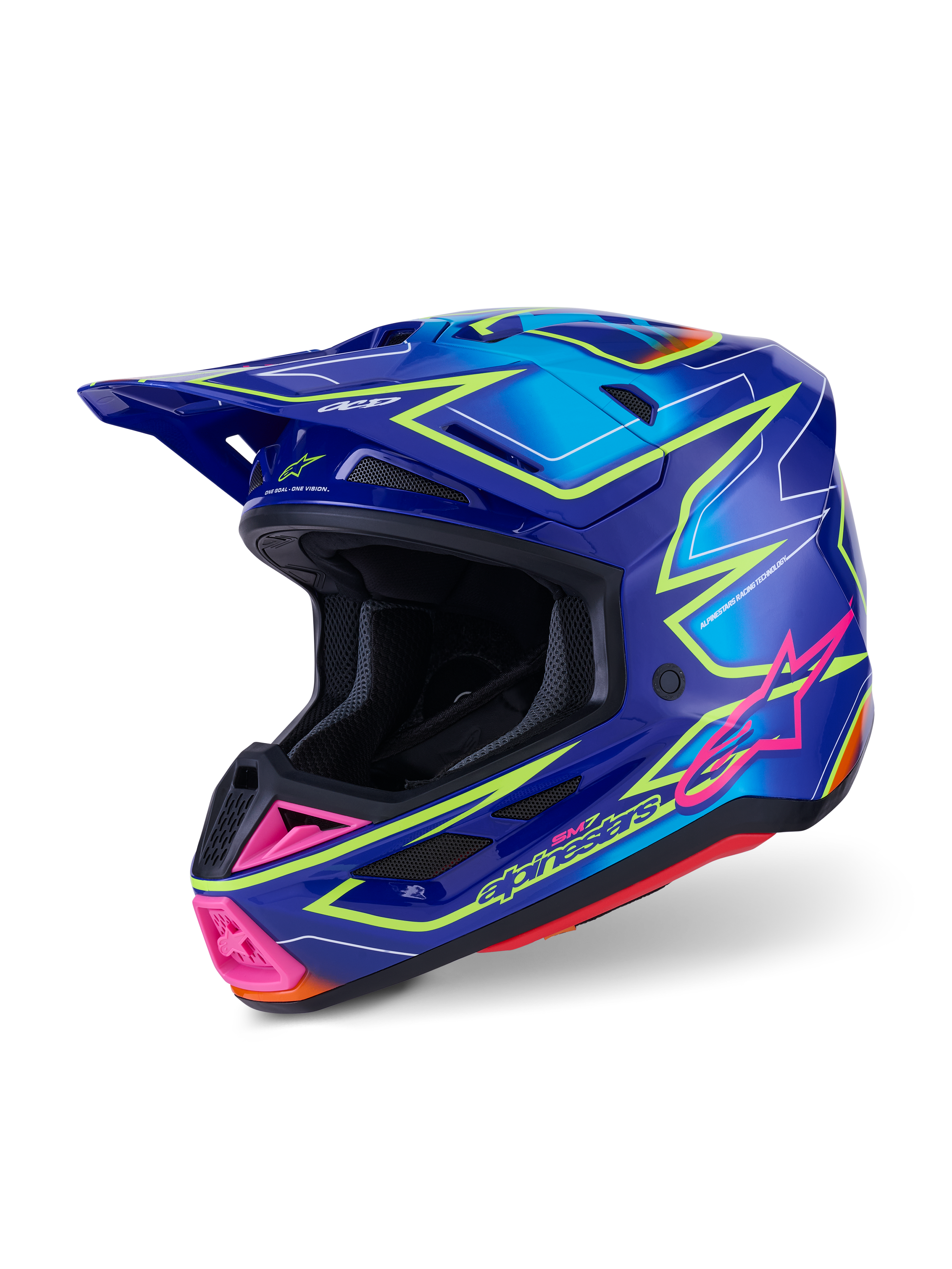Alpinestars S-M7 Cast Helmet ECE 22.06, casco da motocross, blu, rosa e giallo fluo lucido, vista laterale a tre quarti, calotta aerodinamica con diverse porte di ventilazione, grafica vivace con accenti rosa e contorni giallo neon.