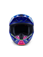 Alpinestars S-M7 Cast Helmet ECE 22.06, casco da motocross, blu, rosa e giallo fluo lucido, vista frontale che mostra la calotta aerodinamica aggressiva, mentoniera ventilata con accenti rosa e ampia apertura per la maschera per gare off-road