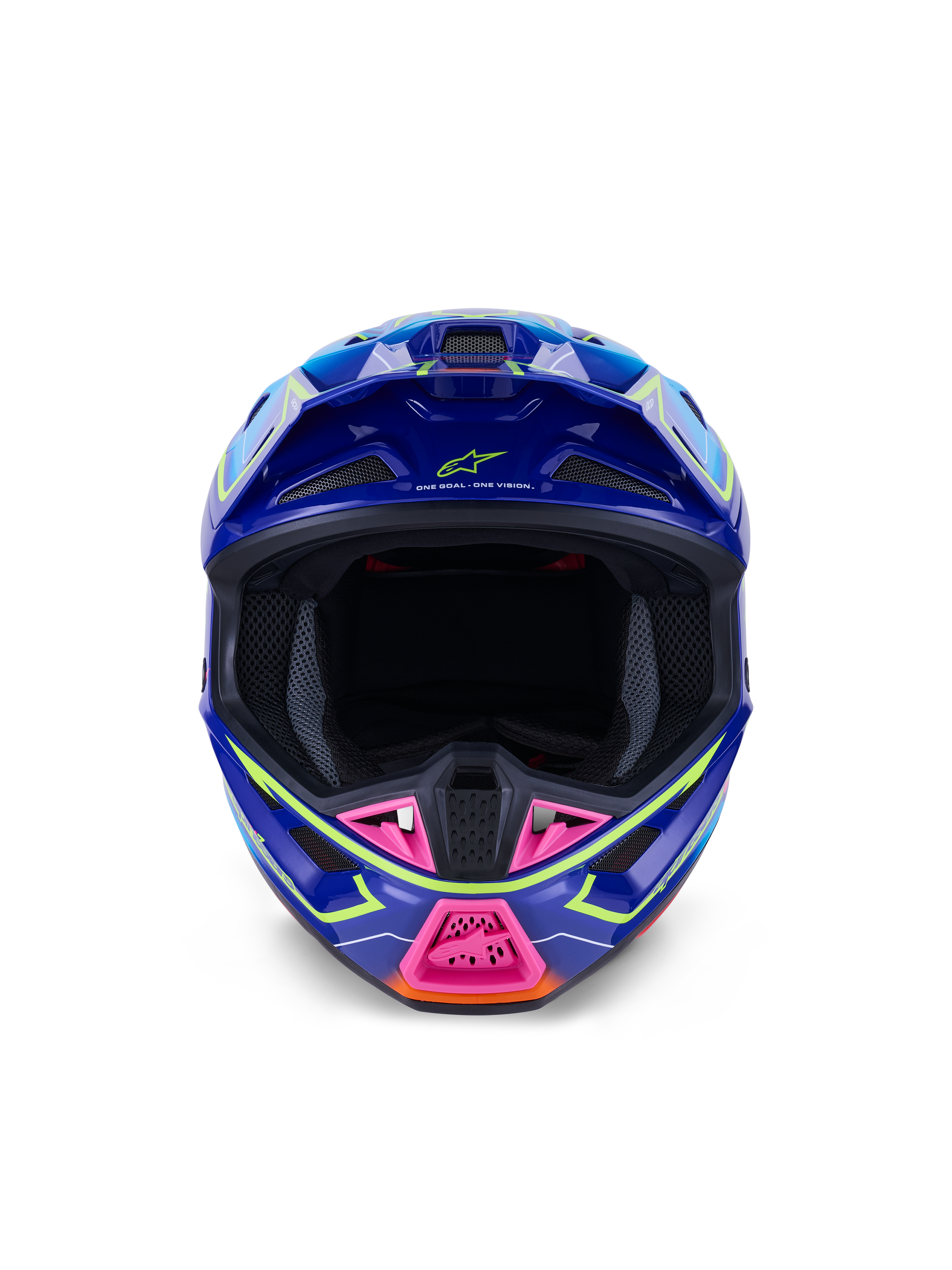 Alpinestars S-M7 Cast Helmet ECE 22.06, casco da motocross, blu, rosa e giallo fluo lucido, vista frontale che mostra la calotta aerodinamica aggressiva, mentoniera ventilata con accenti rosa e ampia apertura per la maschera per gare off-road