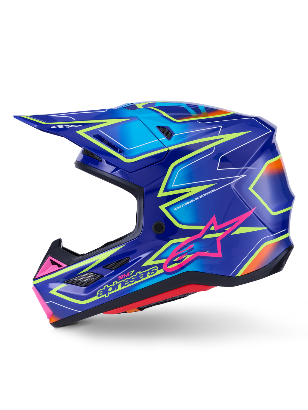 Casco Alpinestars S-M7 Cast, casco da motocross, blu con accenti rosa e giallo fluo lucido, vista di profilo laterale che mostra la calotta aerodinamica in materiale composito, porte di ventilazione integrate, logo a stella rosa e branding giallo, progettato per la protezione nelle competizioni off-road.