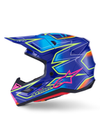 Casco Alpinestars S-M7 Cast, casco da motocross, blu con accenti rosa e giallo fluo lucido, vista di profilo laterale che mostra la calotta aerodinamica in materiale composito, porte di ventilazione integrate, logo a stella rosa e branding giallo, progettato per la protezione nelle competizioni off-road.